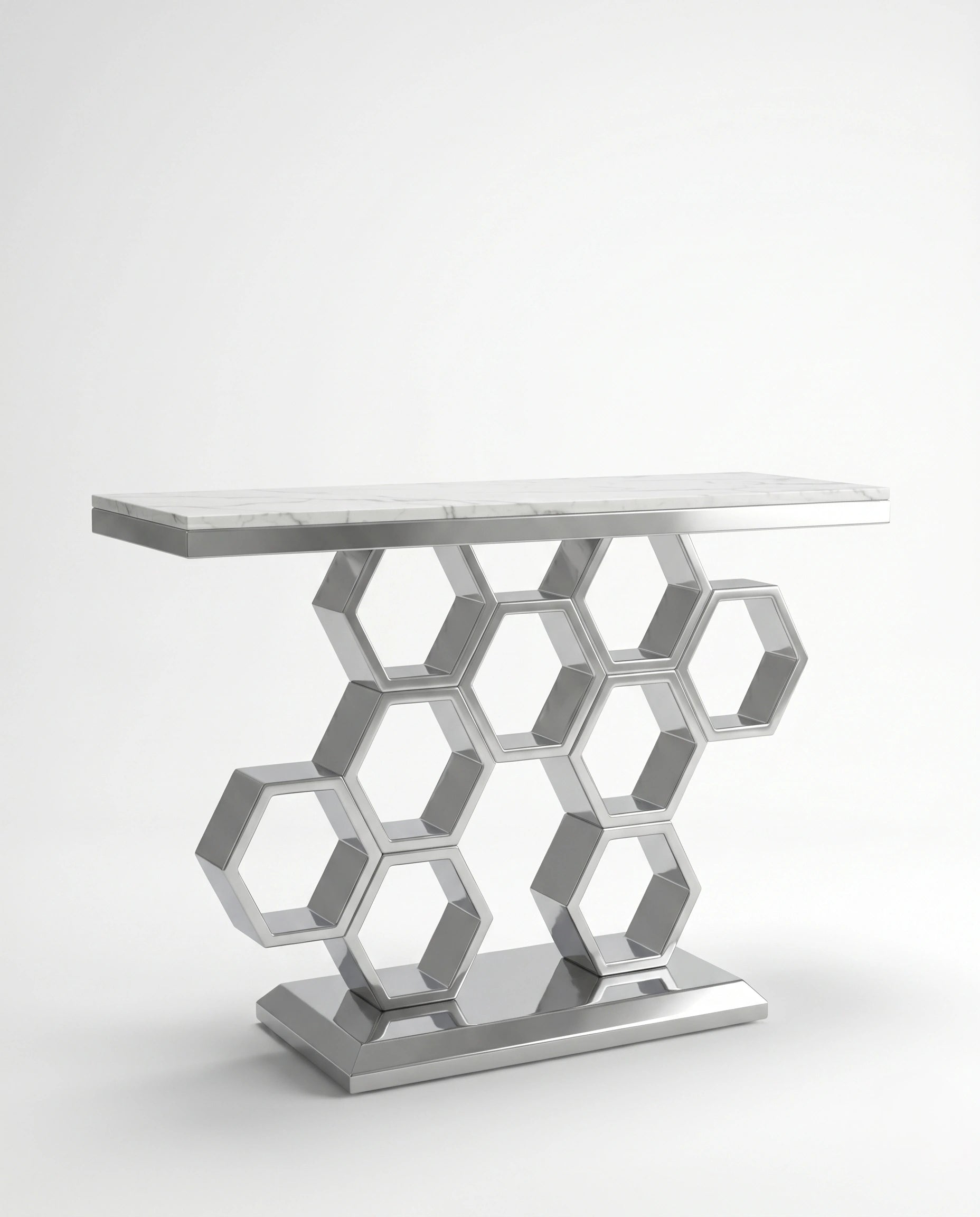 Geometric Honeycomb Silver & White Marble Console Table Arris Concepts