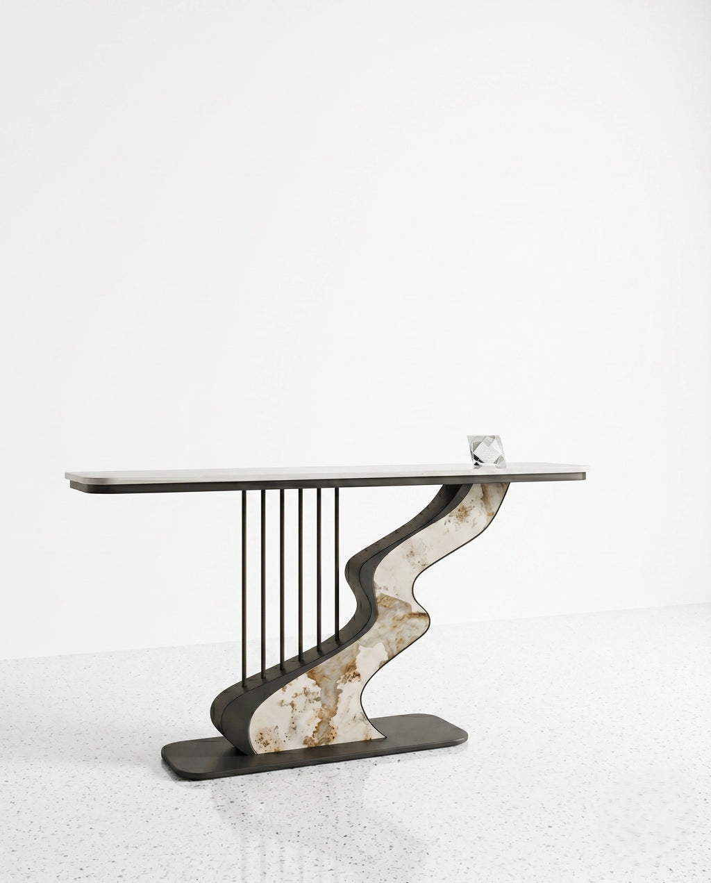 Sculptural Wave Onyx & Metal Asymmetrical Console Table Arris Concepts