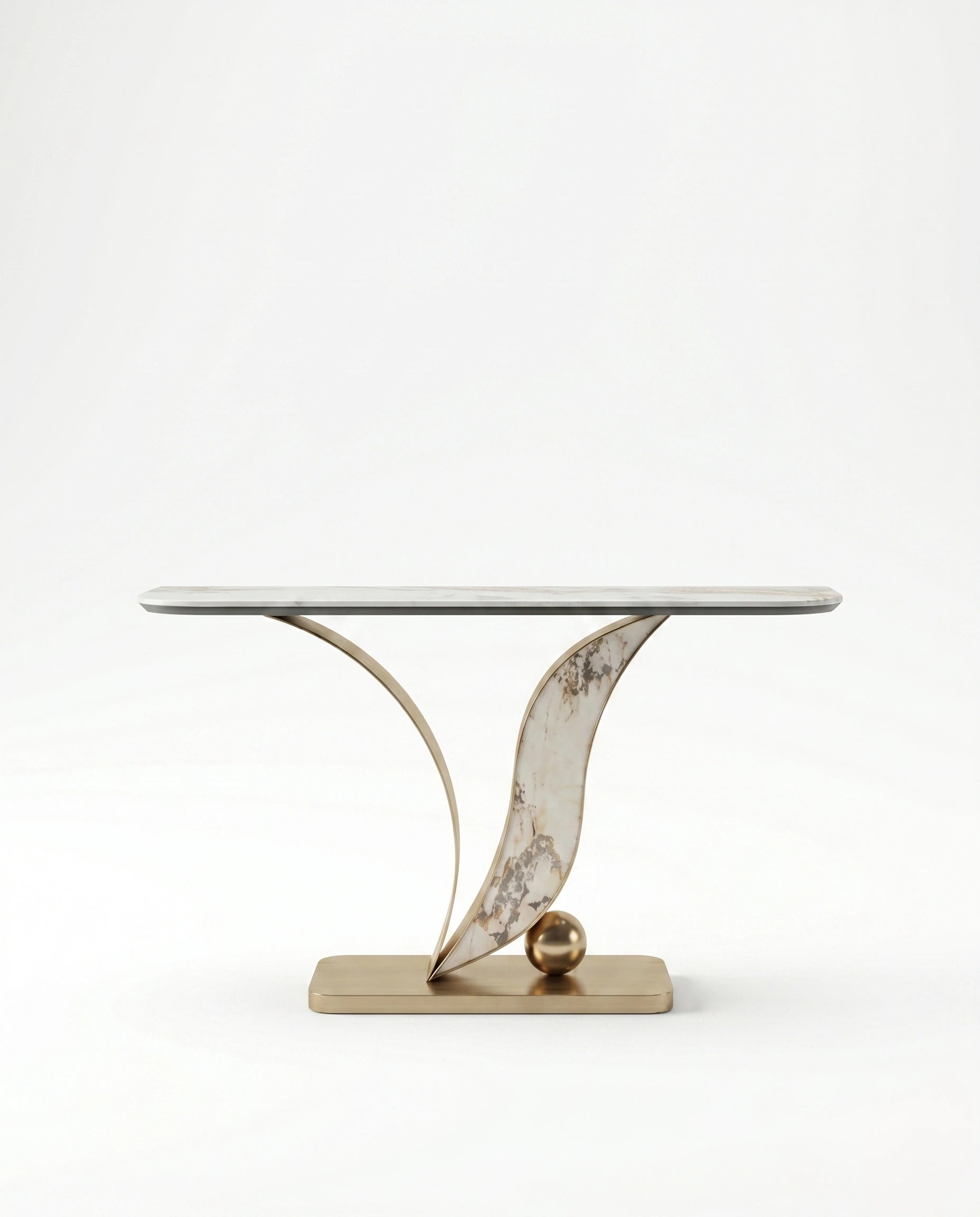 Sculptural Curved Onyx & Gold Asymmetrical Console Table Arris Concepts