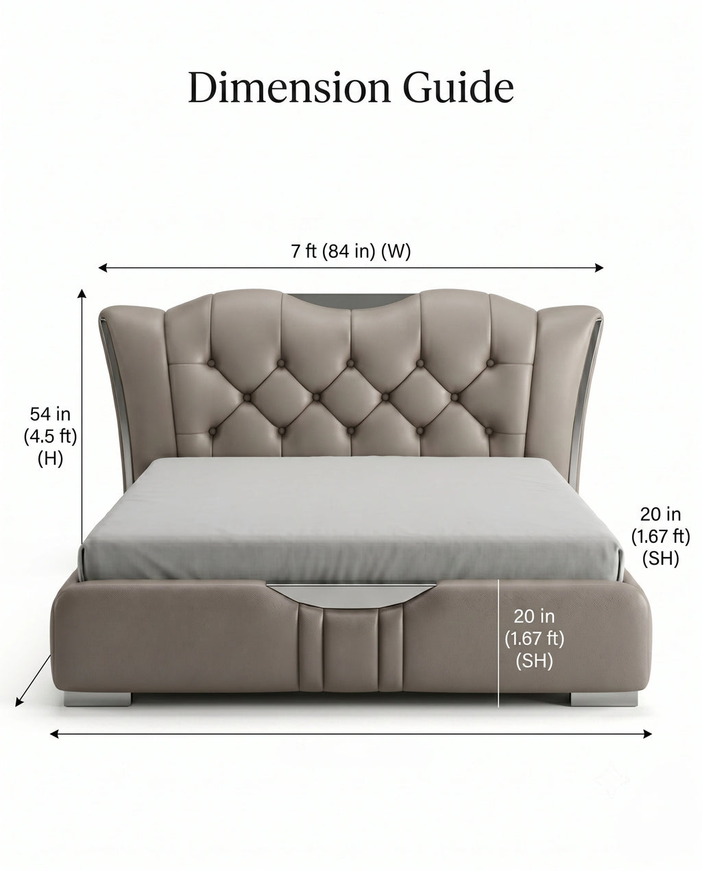 Sculptural Taupe Leather Tufted Platform Bed with Chrome Accents Arris Concepts