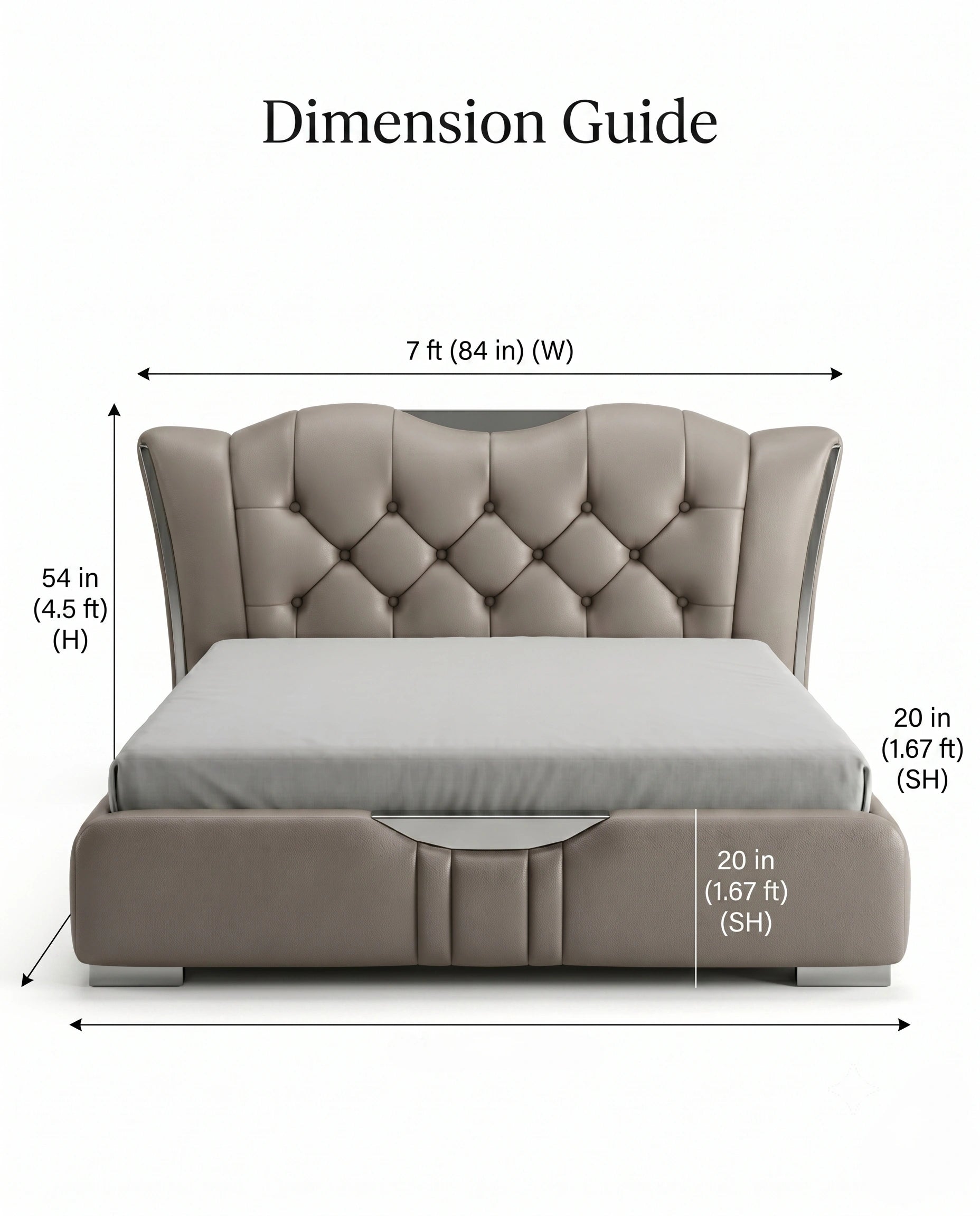 Sculptural Taupe Leather Tufted Platform Bed with Chrome Accents Arris Concepts