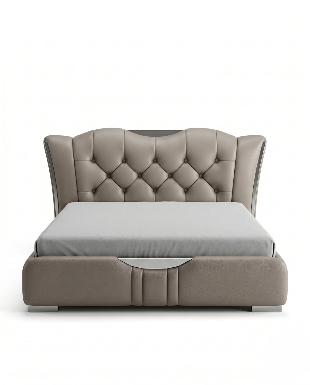 Sculptural Taupe Leather Tufted Platform Bed with Chrome Accents Arris Concepts