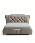 Sculptural Taupe Leather Tufted Platform Bed with Chrome Accents Arris Concepts
