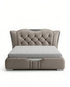 Sculptural Taupe Leather Tufted Platform Bed with Chrome Accents Arris Concepts