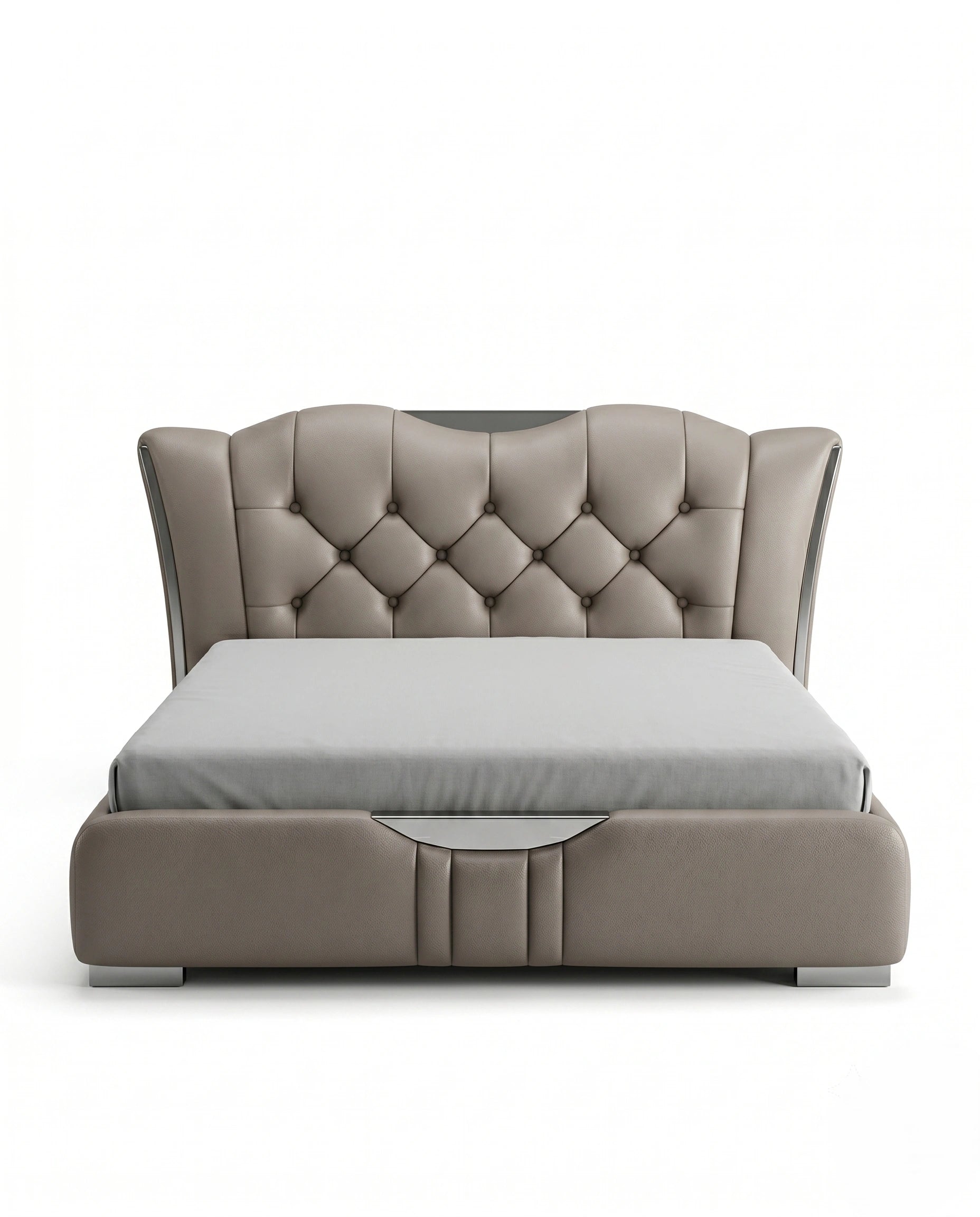 Sculptural Taupe Leather Tufted Platform Bed with Chrome Accents Arris Concepts