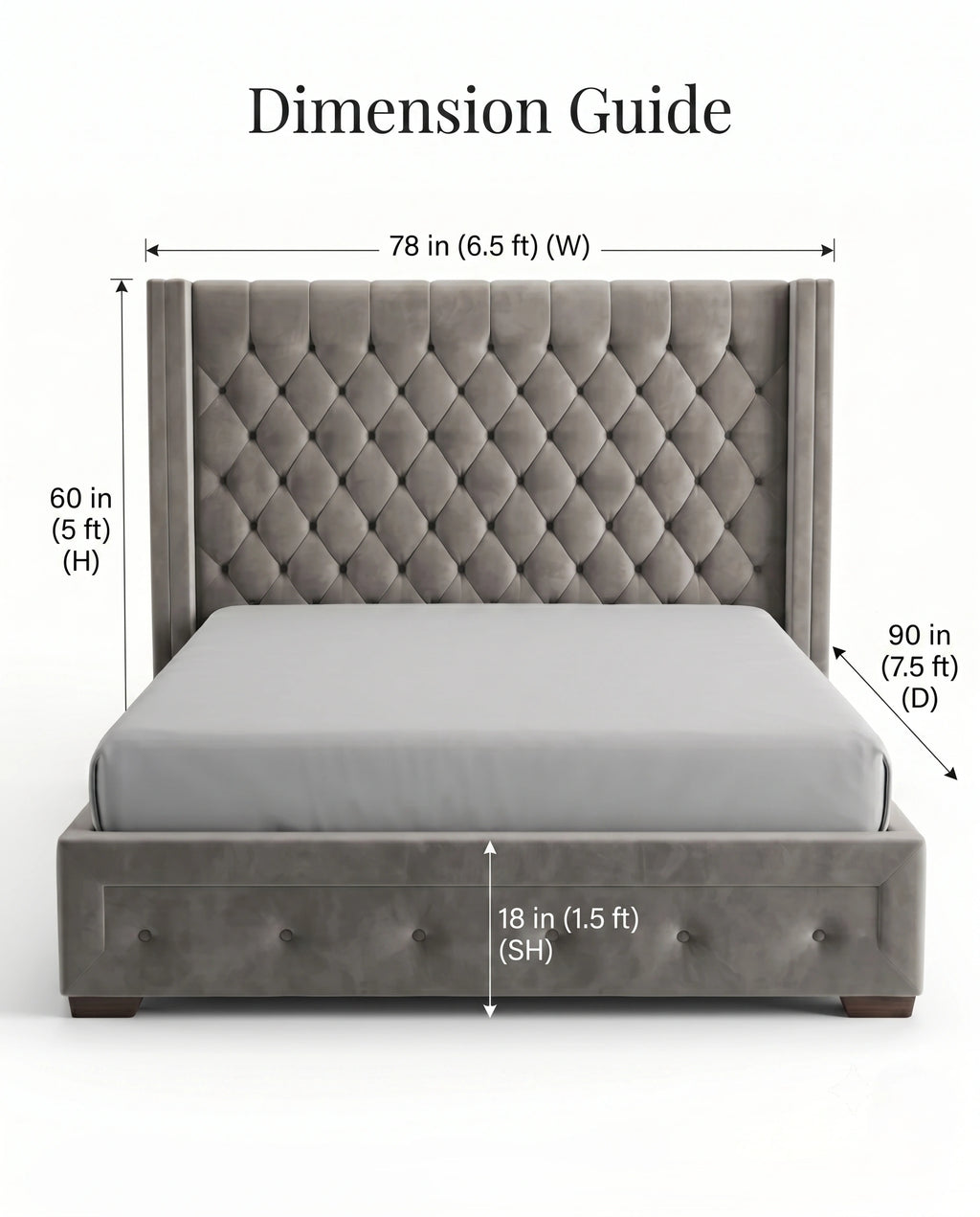 Classic Grey Velvet Diamond Tufted Wingback Bed Arris Concepts