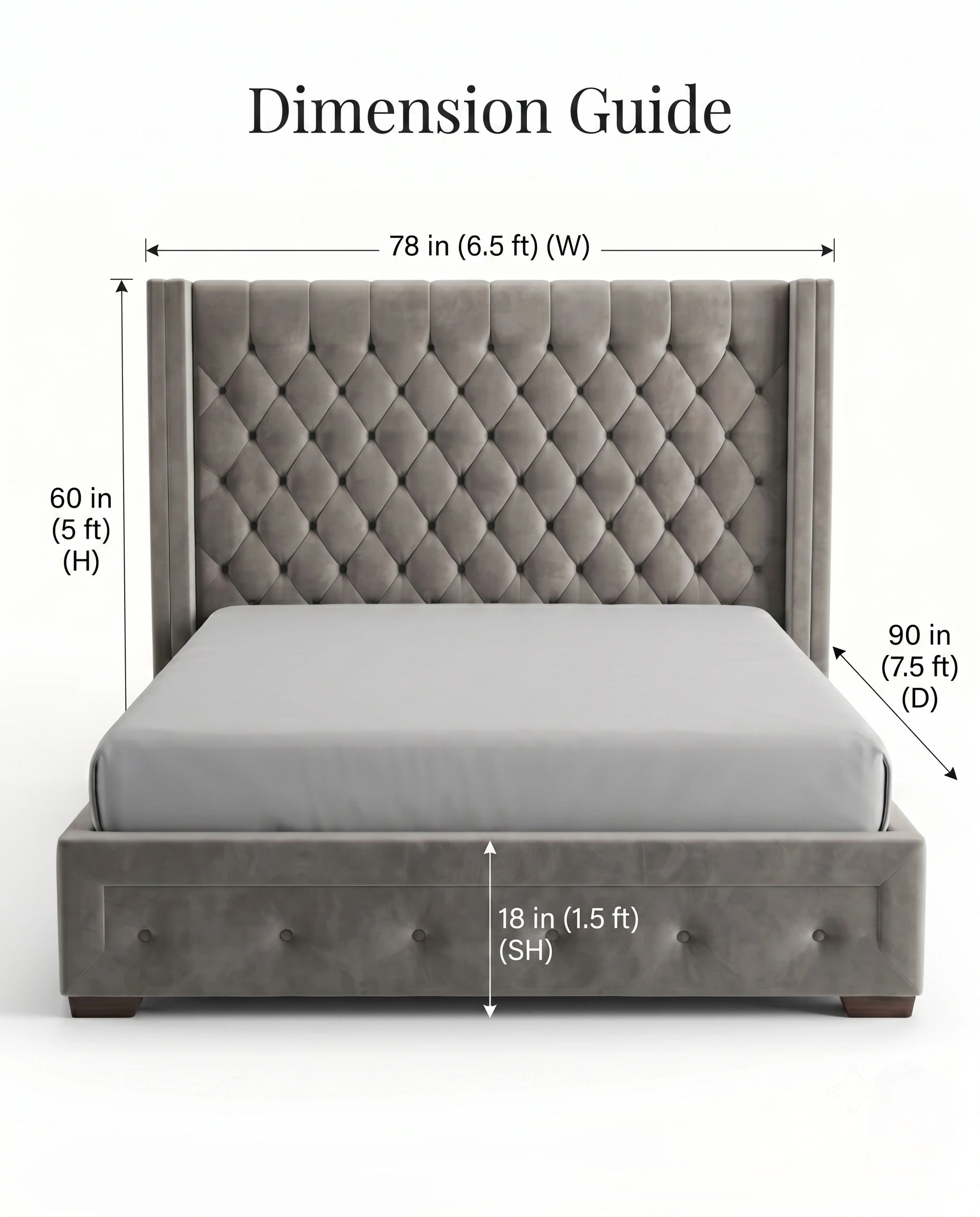 Classic Grey Velvet Diamond Tufted Wingback Bed Arris Concepts