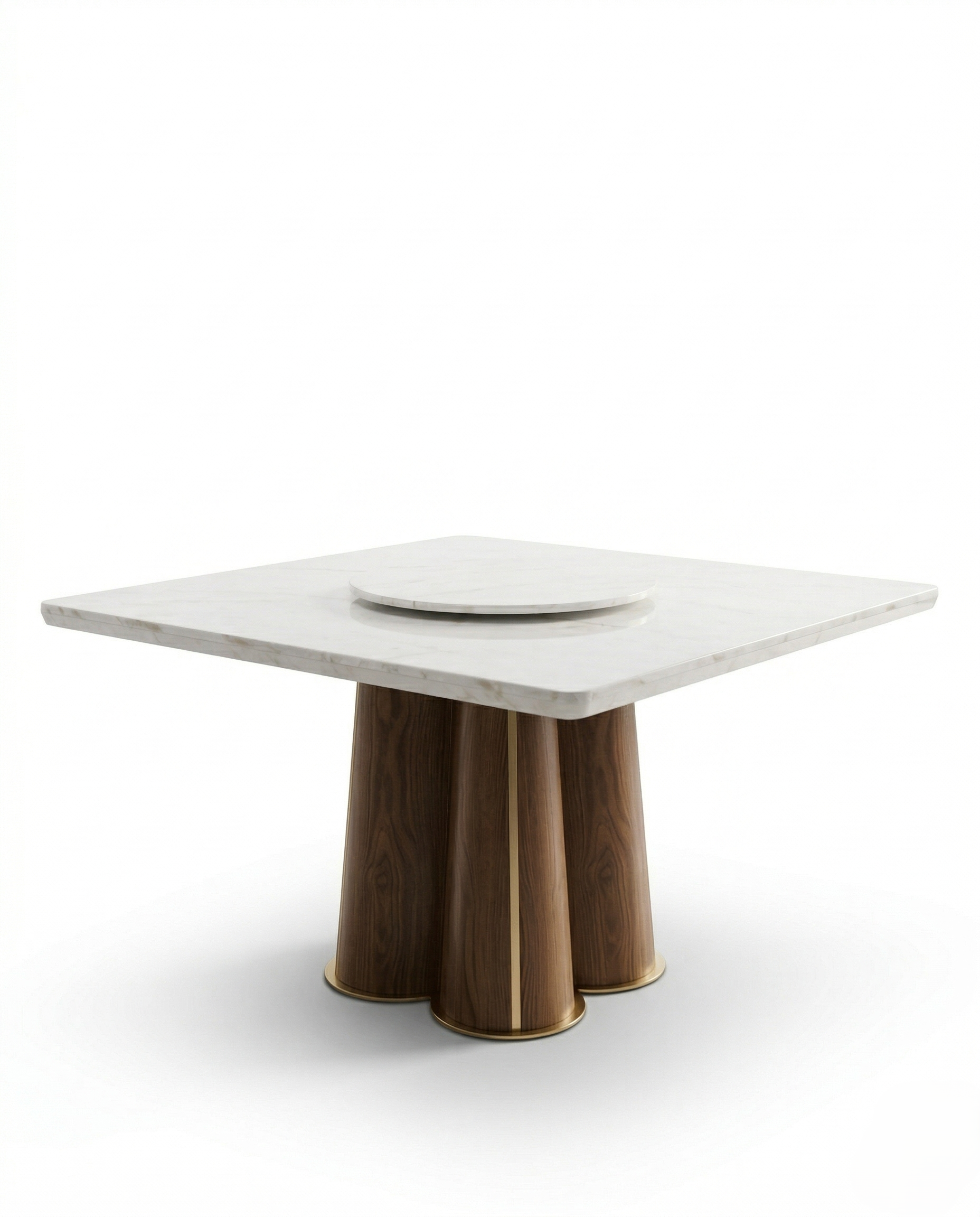 Beautiful premium square marble dining table with wood pedestal crafted by Arris Concepts Luxury Pvt. Ltd.