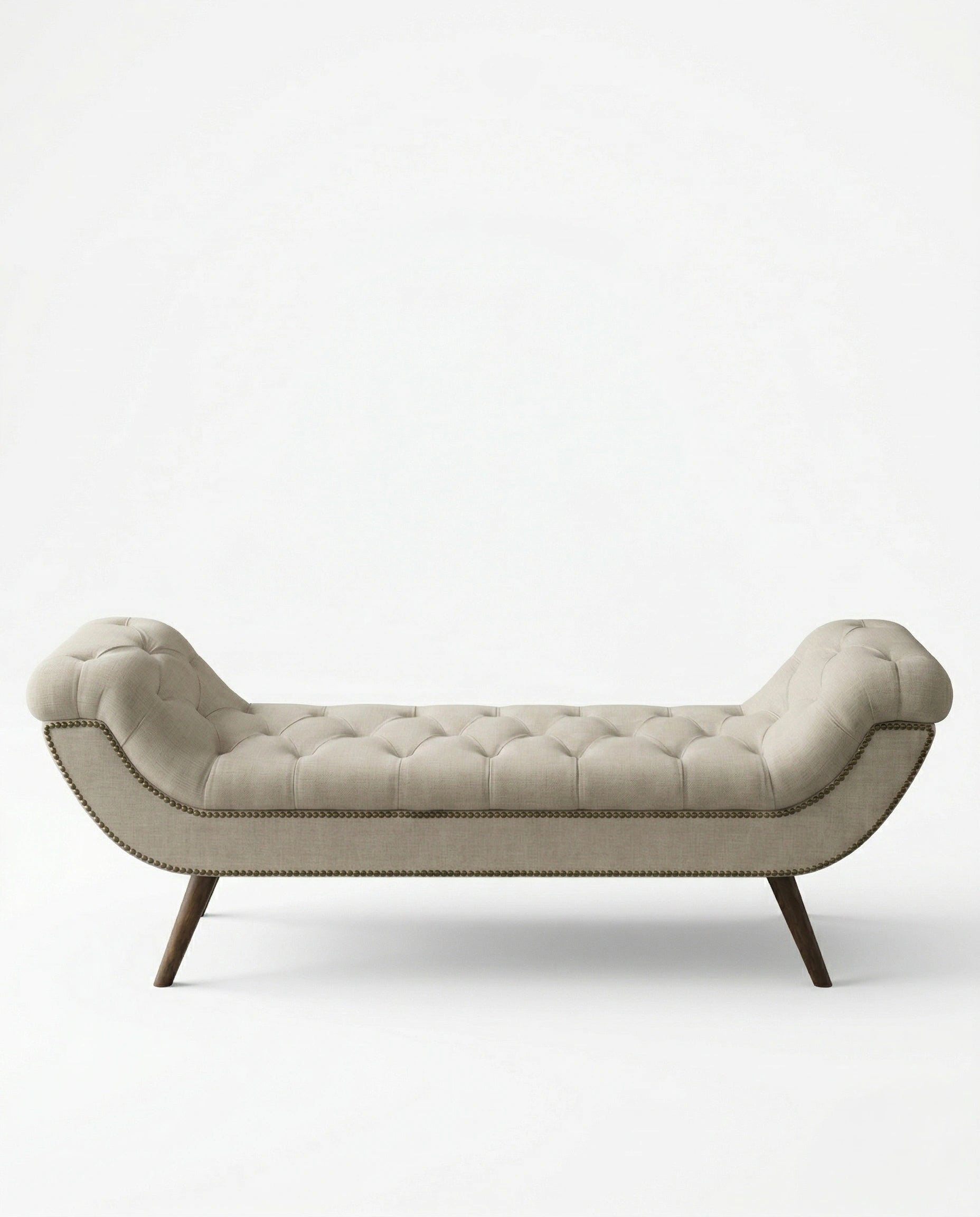 High-end foot of bed bench and premium beige tufted bed end bench crafted by Arris Concepts Luxury Pvt. Ltd.