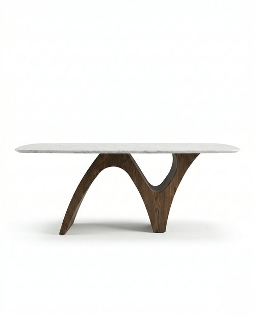 Handcrafted 8 seater marble sculptural wood dining table by Arris Concepts Luxury.