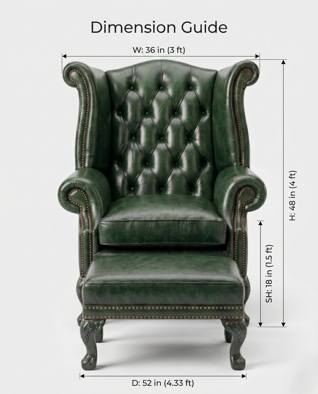 Heritage Emerald Green Leather Wingback Chair & Ottoman Arris Concepts