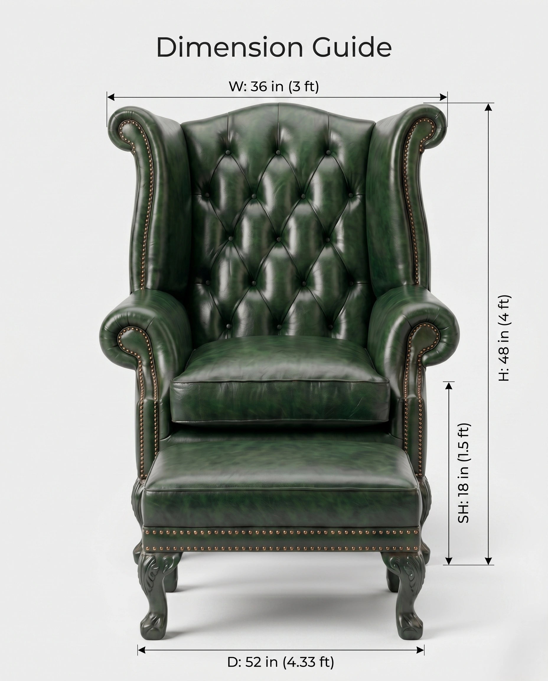 Heritage Emerald Green Leather Wingback Chair & Ottoman Arris Concepts
