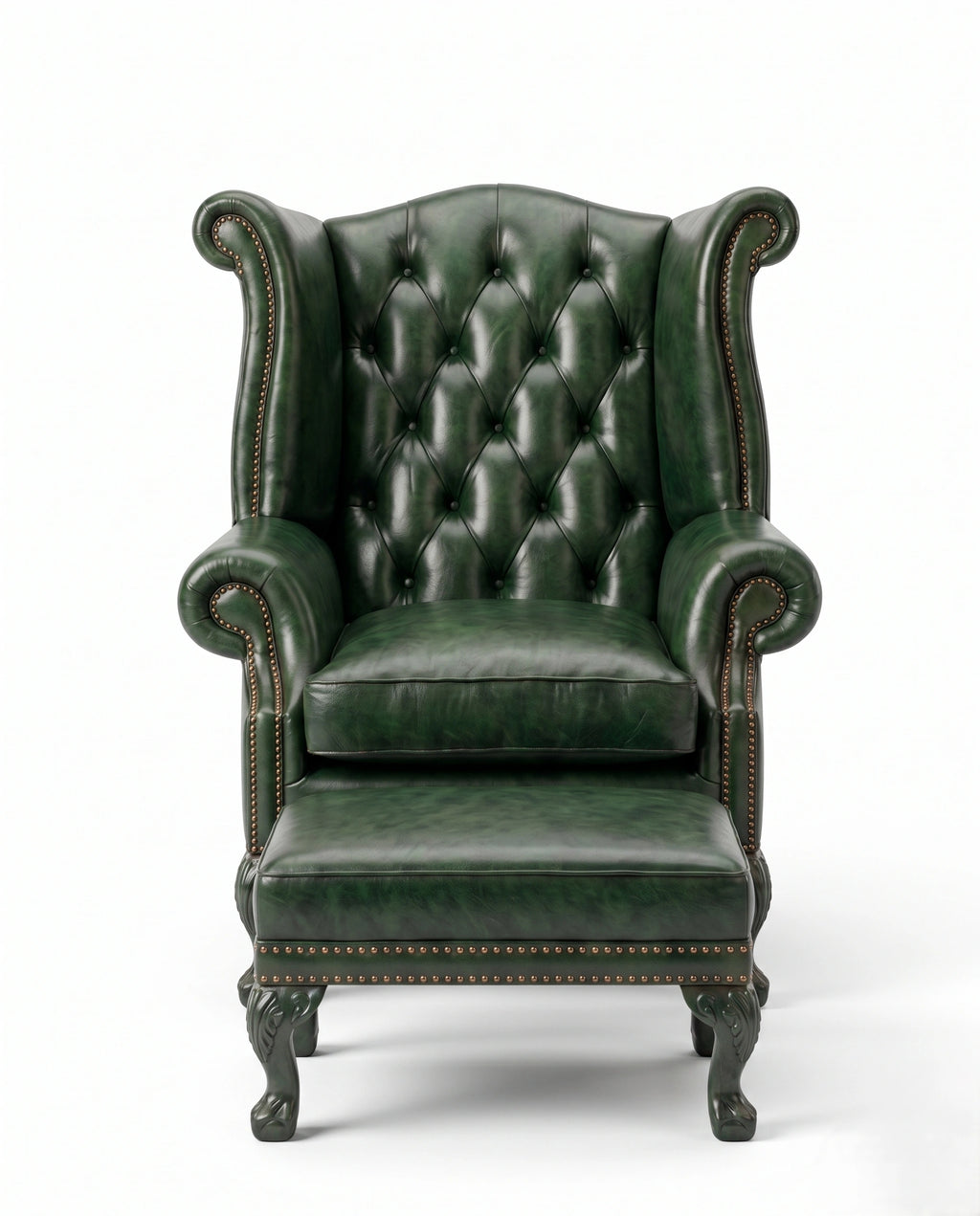 Heritage Emerald Green Leather Wingback Chair & Ottoman Arris Concepts