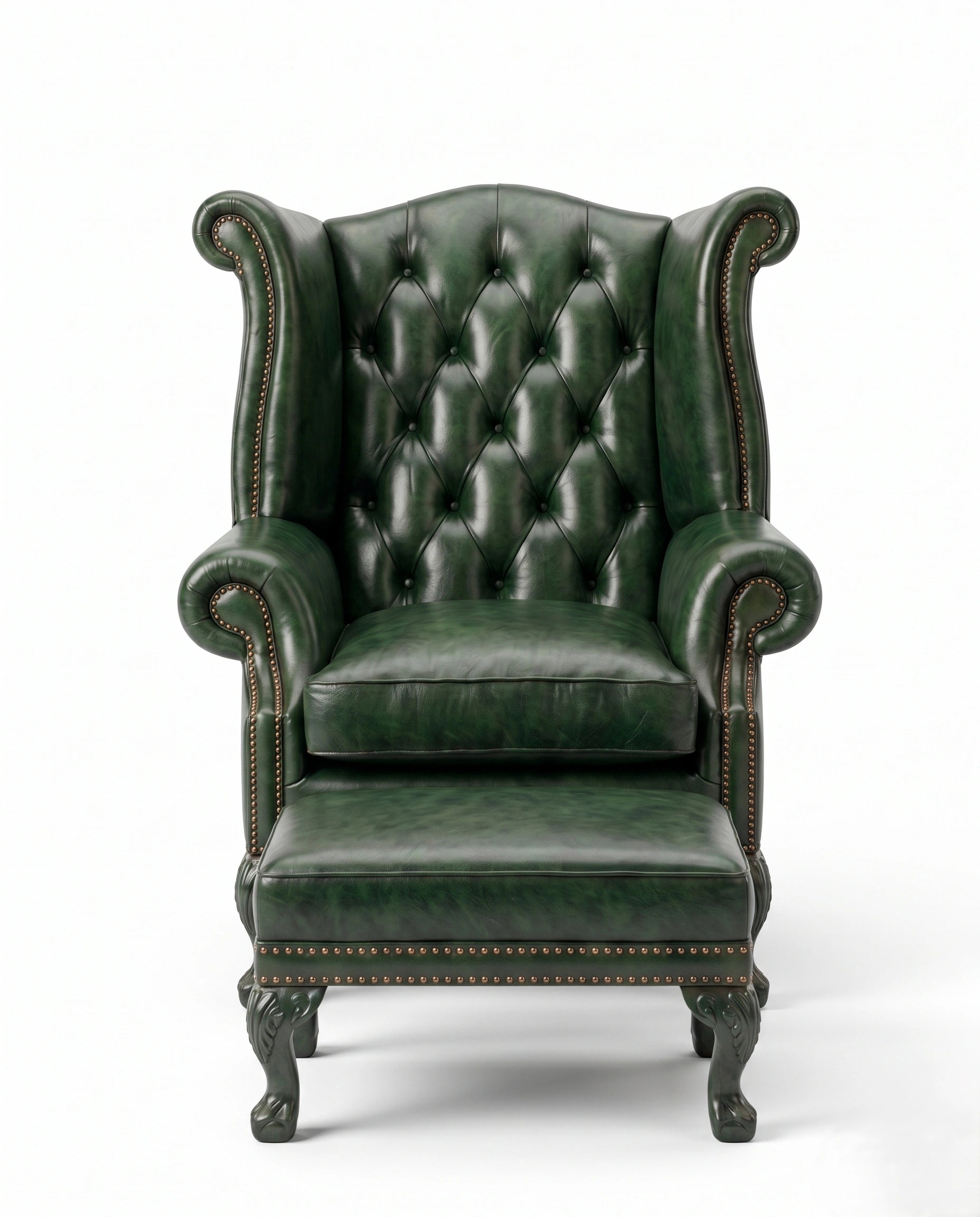 Heritage Emerald Green Leather Wingback Chair & Ottoman Arris Concepts