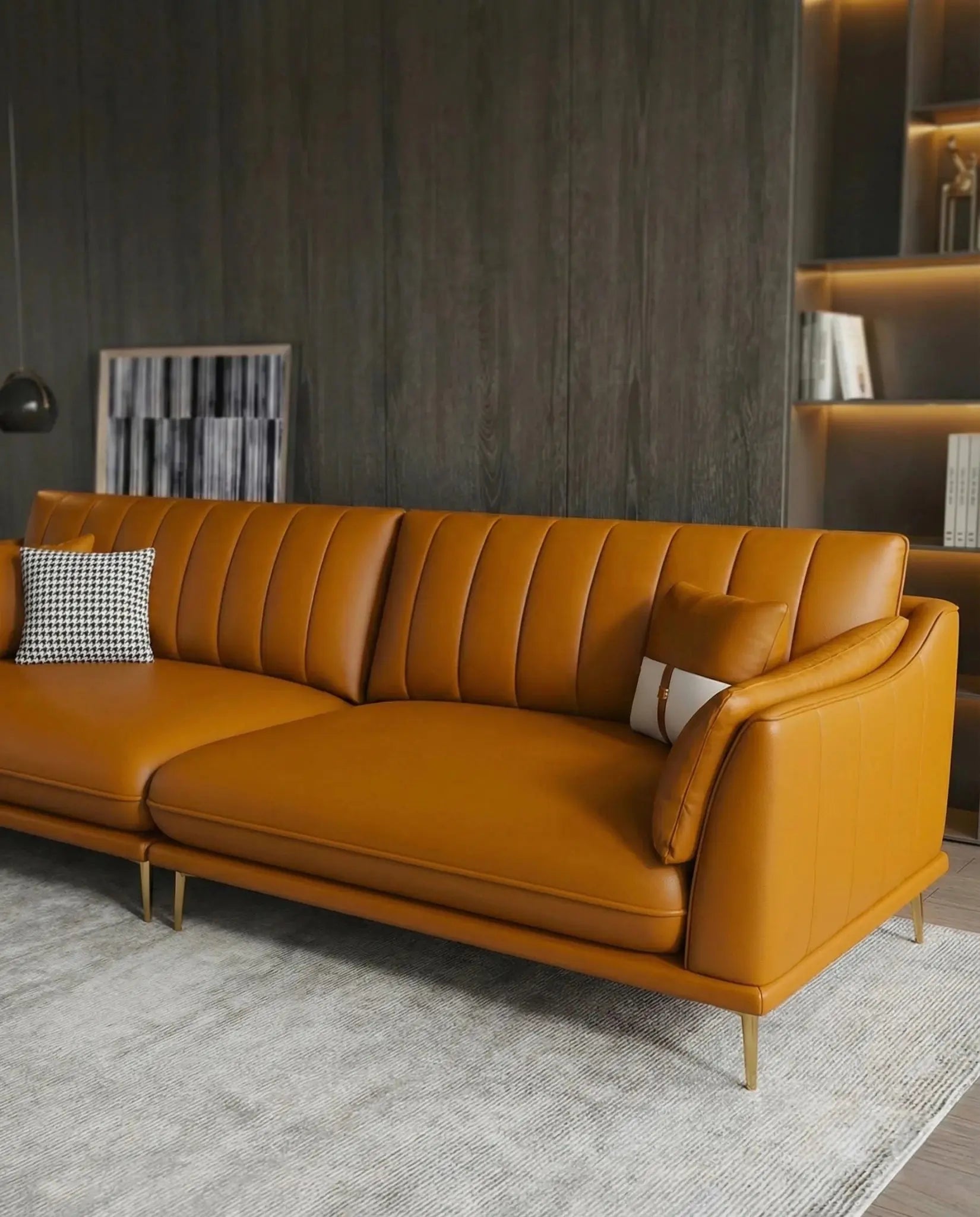 Orange - Masterfully crafted modern cognac leather tufted sofa with a sleek wood frame by Arris Concepts