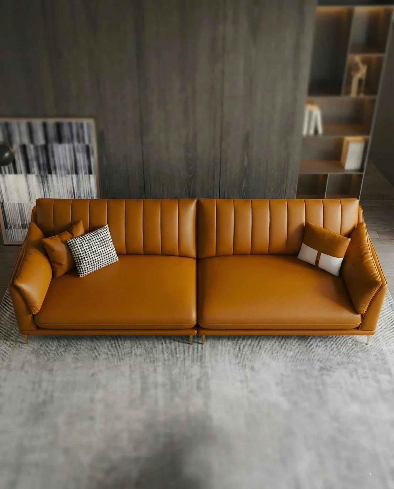 Orange - Masterfully crafted modern cognac leather tufted sofa with a sleek wood frame by Arris Concepts