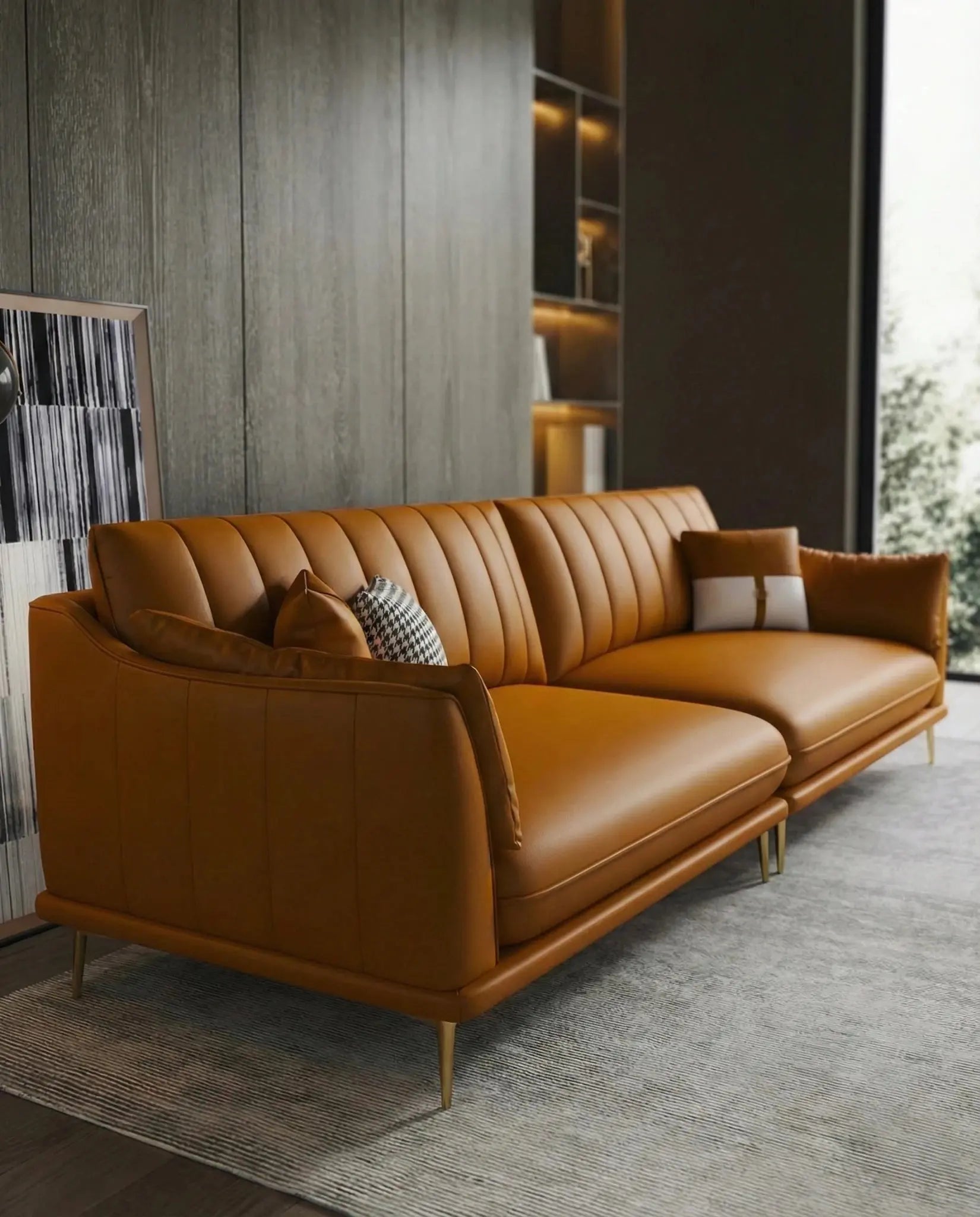 Orange - Masterfully crafted modern cognac leather tufted sofa with a sleek wood frame by Arris Concepts