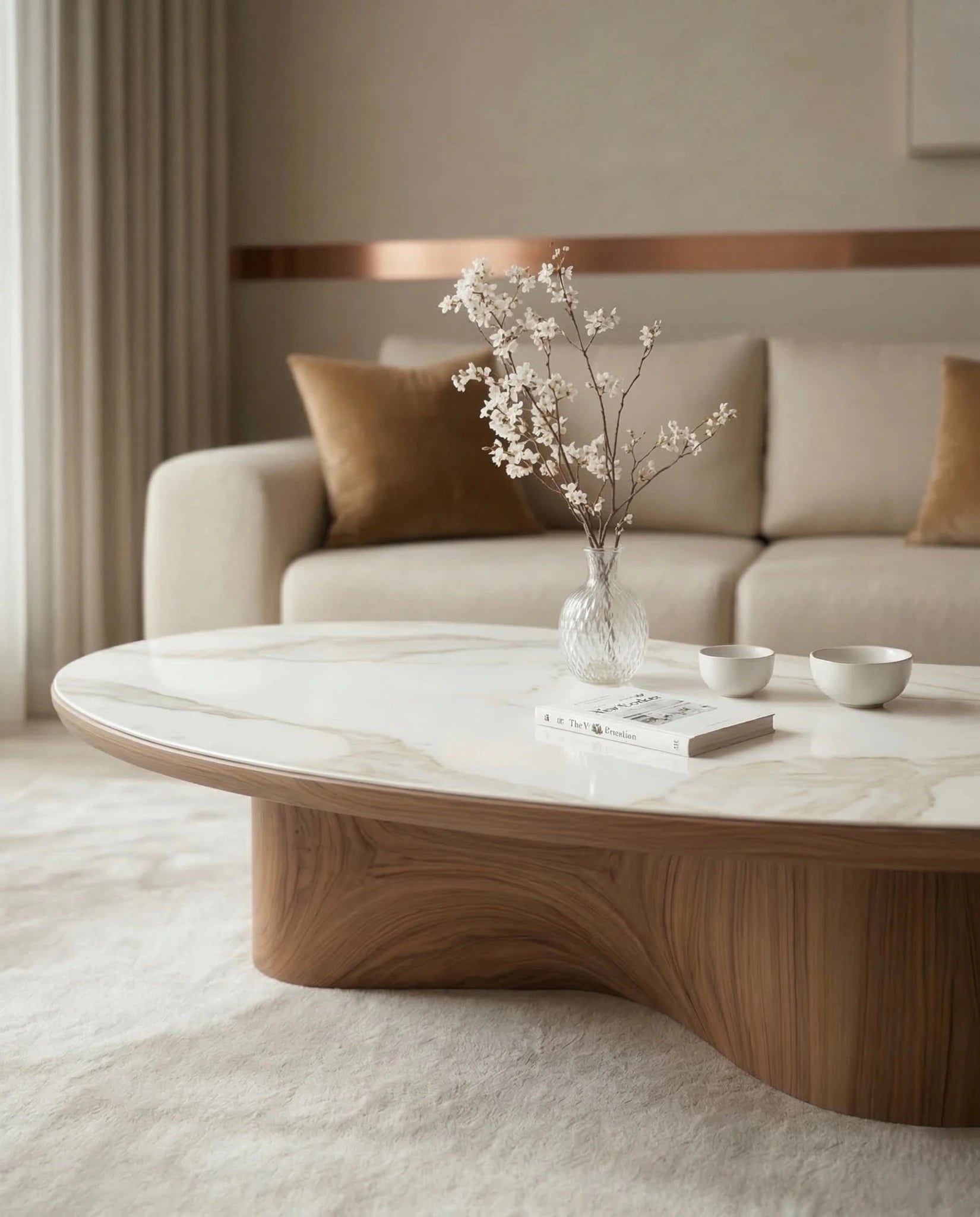 Luxury modern organic oval central table with a white stone finish by Arris Concepts