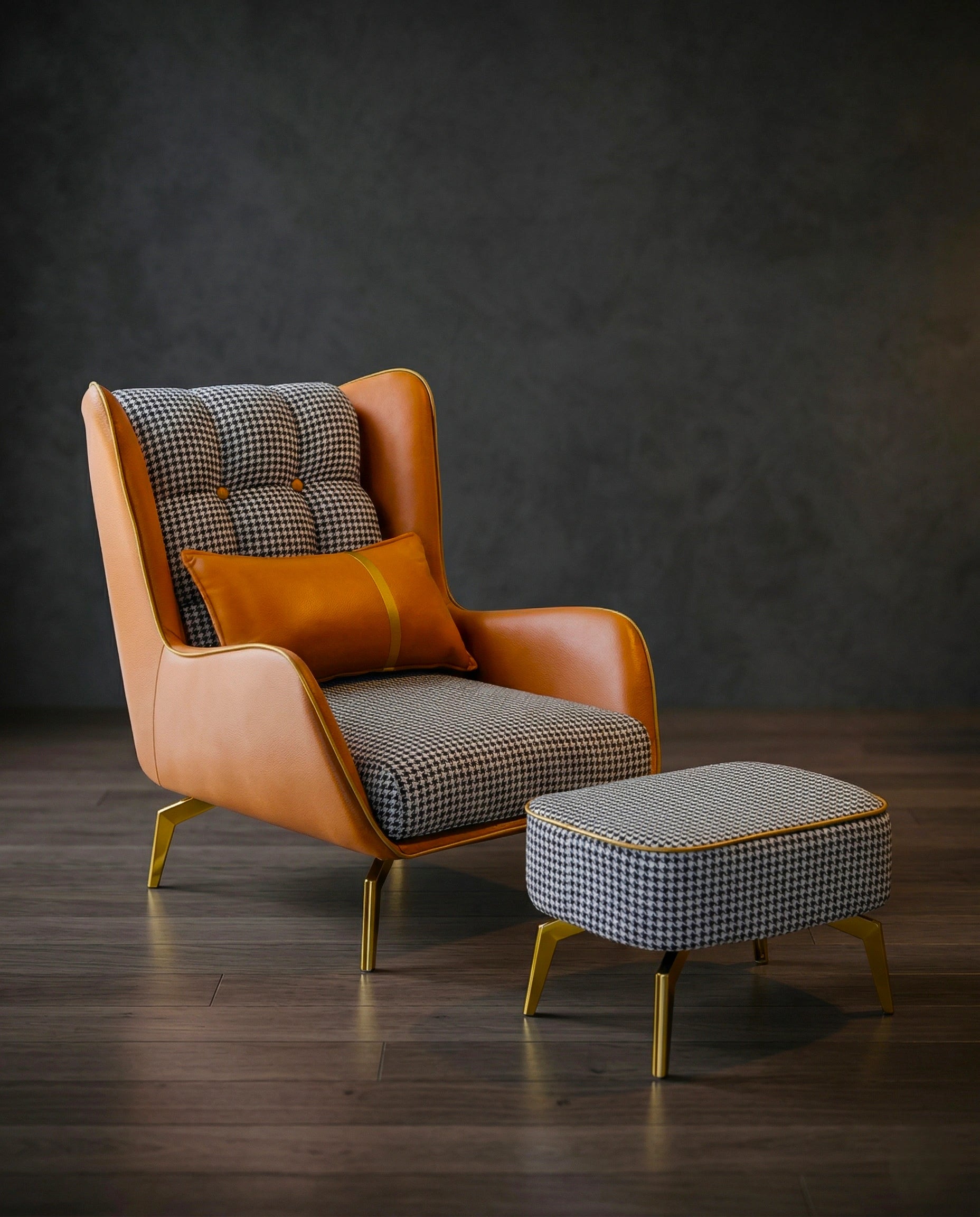 High-end accent chair and ottoman and premium real leather houndstooth chair crafted by Arris Concepts Luxury Pvt. Ltd.