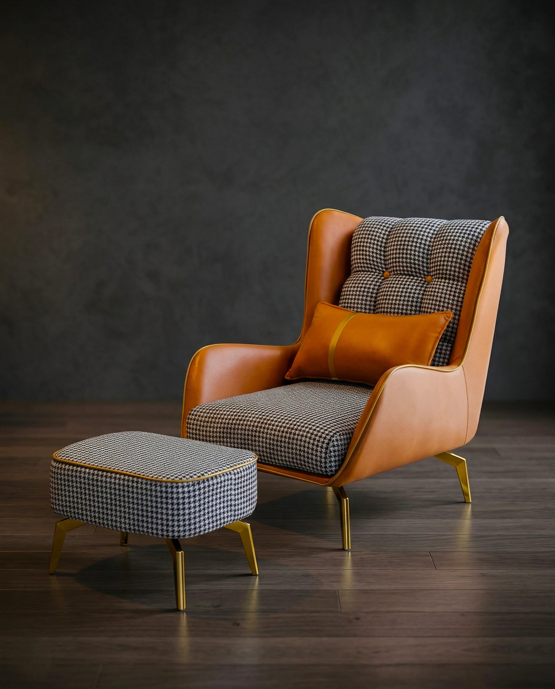 High-end accent chair and ottoman and premium real leather houndstooth chair crafted by Arris Concepts Luxury Pvt. Ltd.