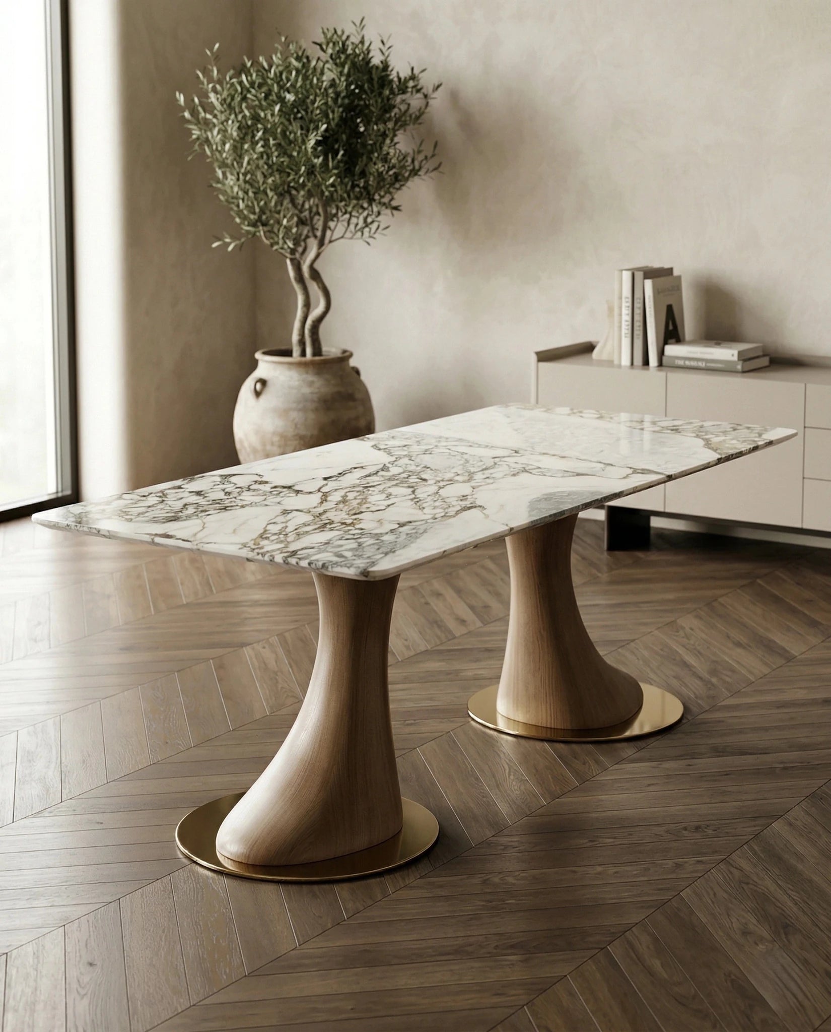 Beautiful premium 6 seater marble dining table with sculpted wood pedestals crafted by Arris Concepts Luxury Pvt. Ltd.