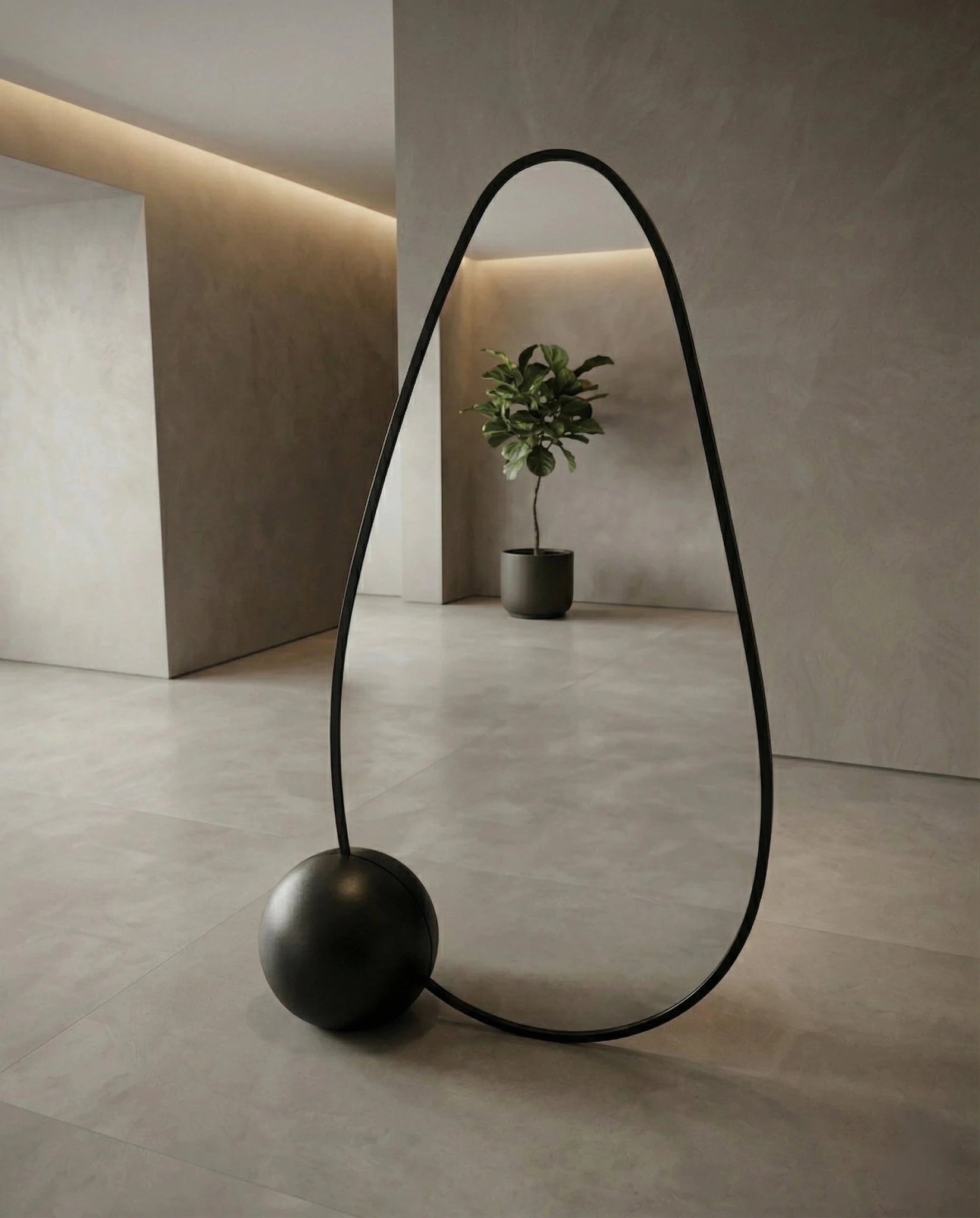 A premium asymmetrical black floor mirror with a modern irregular frame by Arris Concepts Luxury Pvt. Ltd.