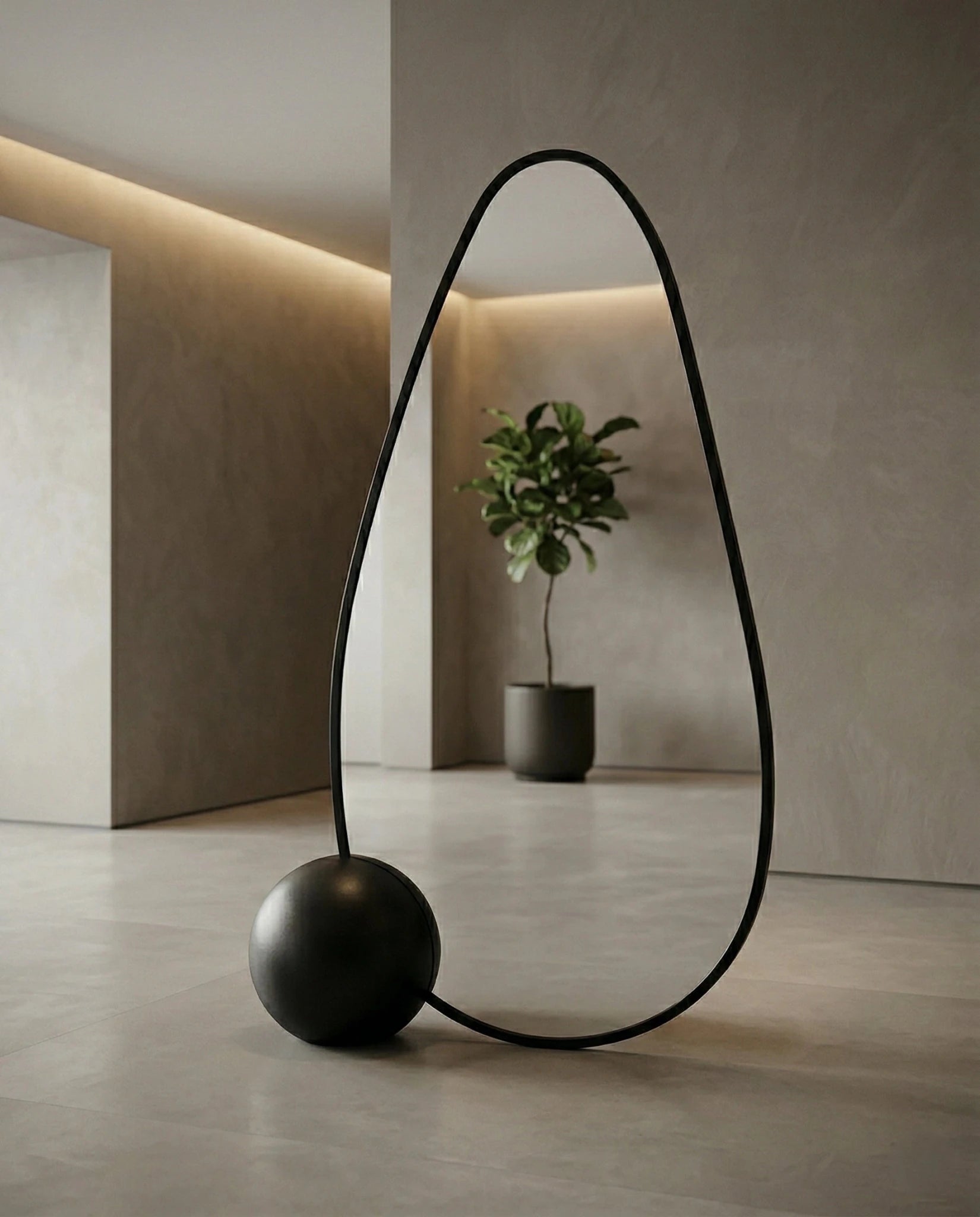 A premium asymmetrical black floor mirror with a modern irregular frame by Arris Concepts Luxury Pvt. Ltd.