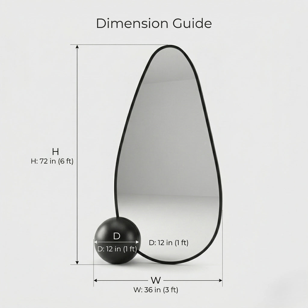 A premium asymmetrical black floor mirror with a modern irregular frame by Arris Concepts Luxury Pvt. Ltd.