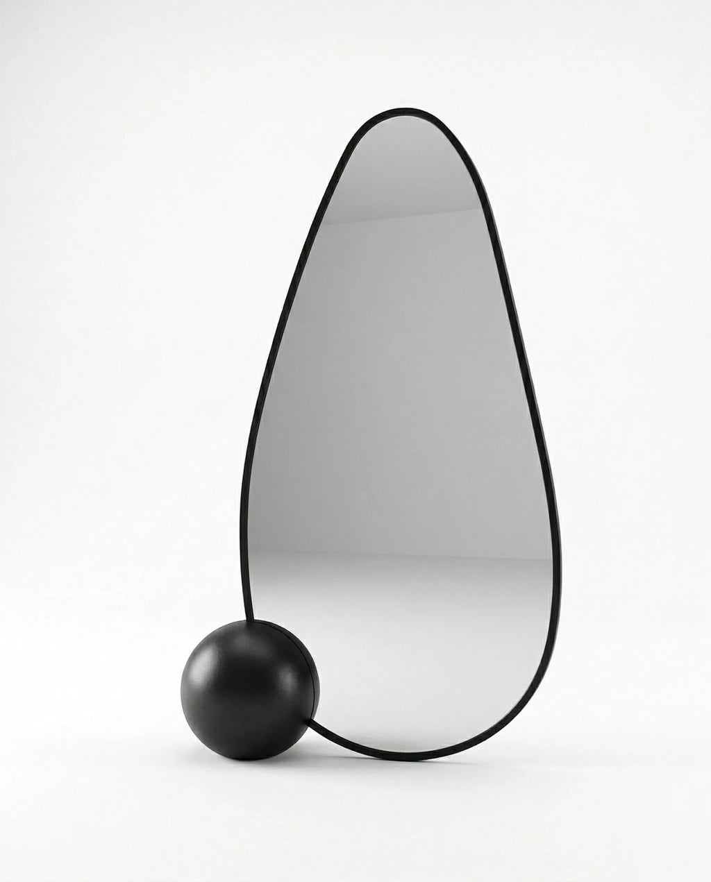 A premium asymmetrical black floor mirror with a modern irregular frame by Arris Concepts Luxury Pvt. Ltd.
