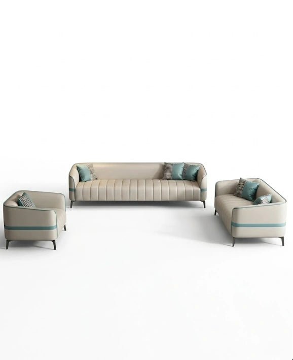 Modern curved living room seating and a premium beige channel tufted sofa crafted by Arris Concepts Luxury Pvt. Ltd.