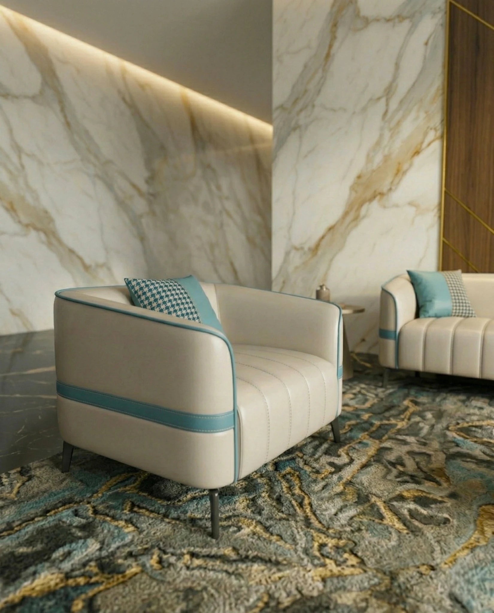 Modern curved living room seating and a premium beige channel tufted sofa crafted by Arris Concepts Luxury Pvt. Ltd.