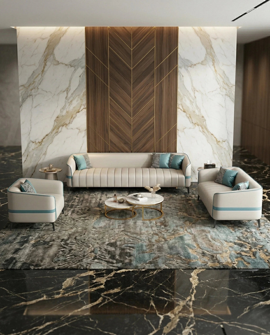 Modern curved living room seating and a premium beige channel tufted sofa crafted by Arris Concepts Luxury Pvt. Ltd.