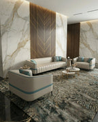 Modern curved living room seating and a premium beige channel tufted sofa crafted by Arris Concepts Luxury Pvt. Ltd.