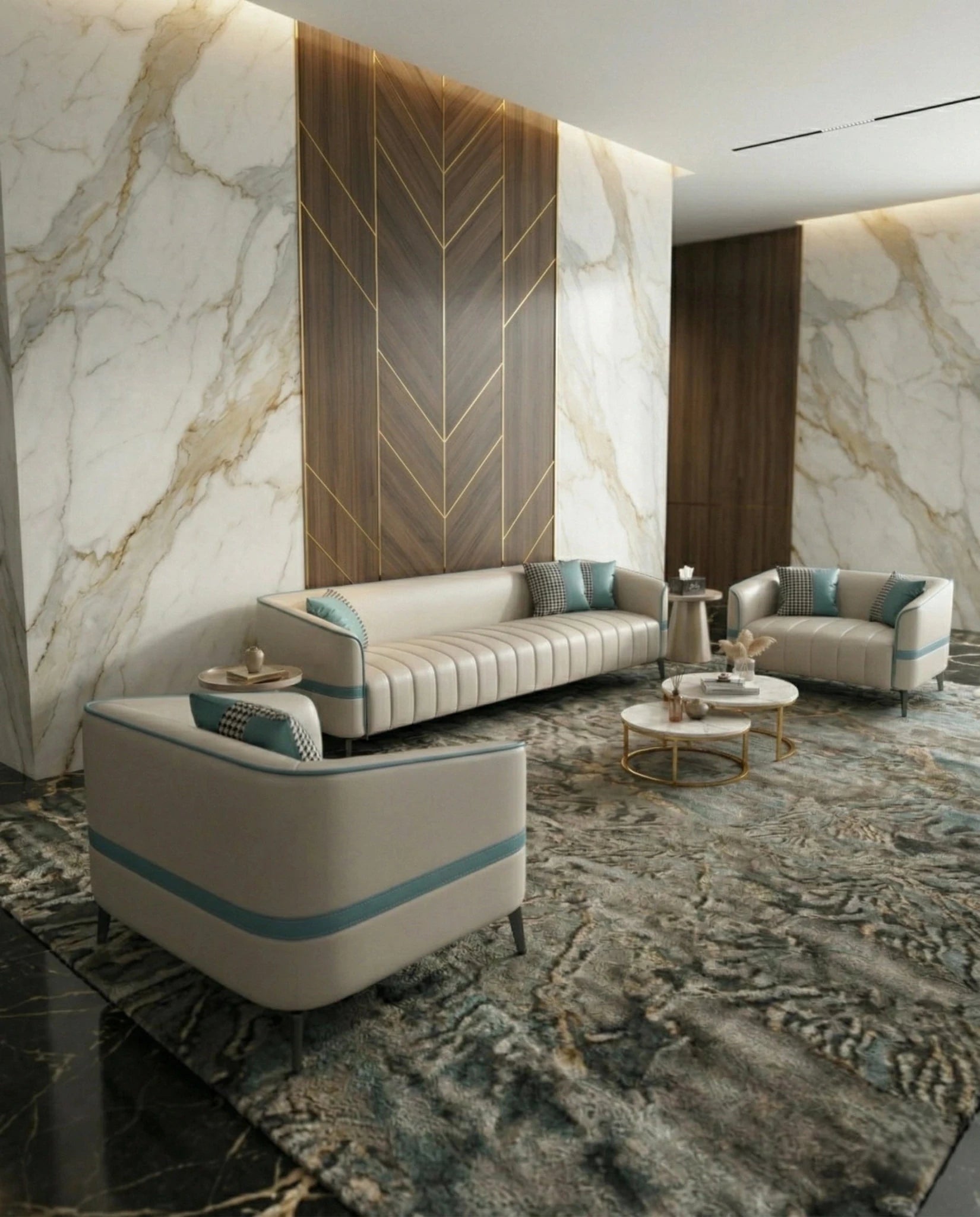 Modern curved living room seating and a premium beige channel tufted sofa crafted by Arris Concepts Luxury Pvt. Ltd.