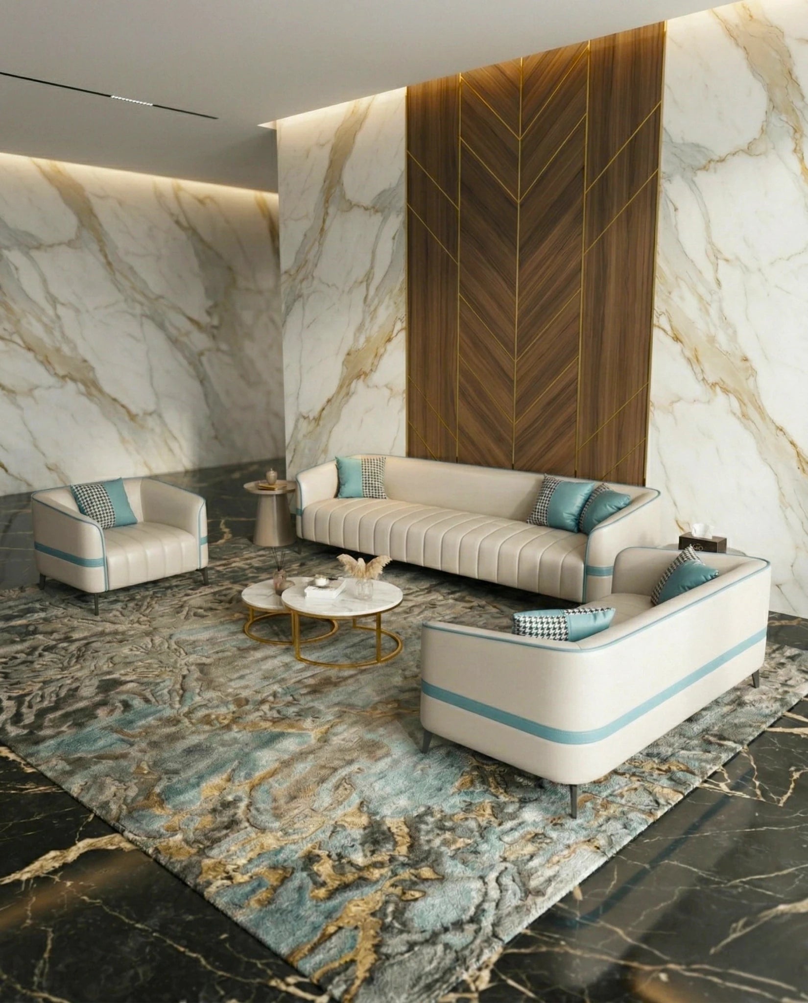 Modern curved living room seating and a premium beige channel tufted sofa crafted by Arris Concepts Luxury Pvt. Ltd.