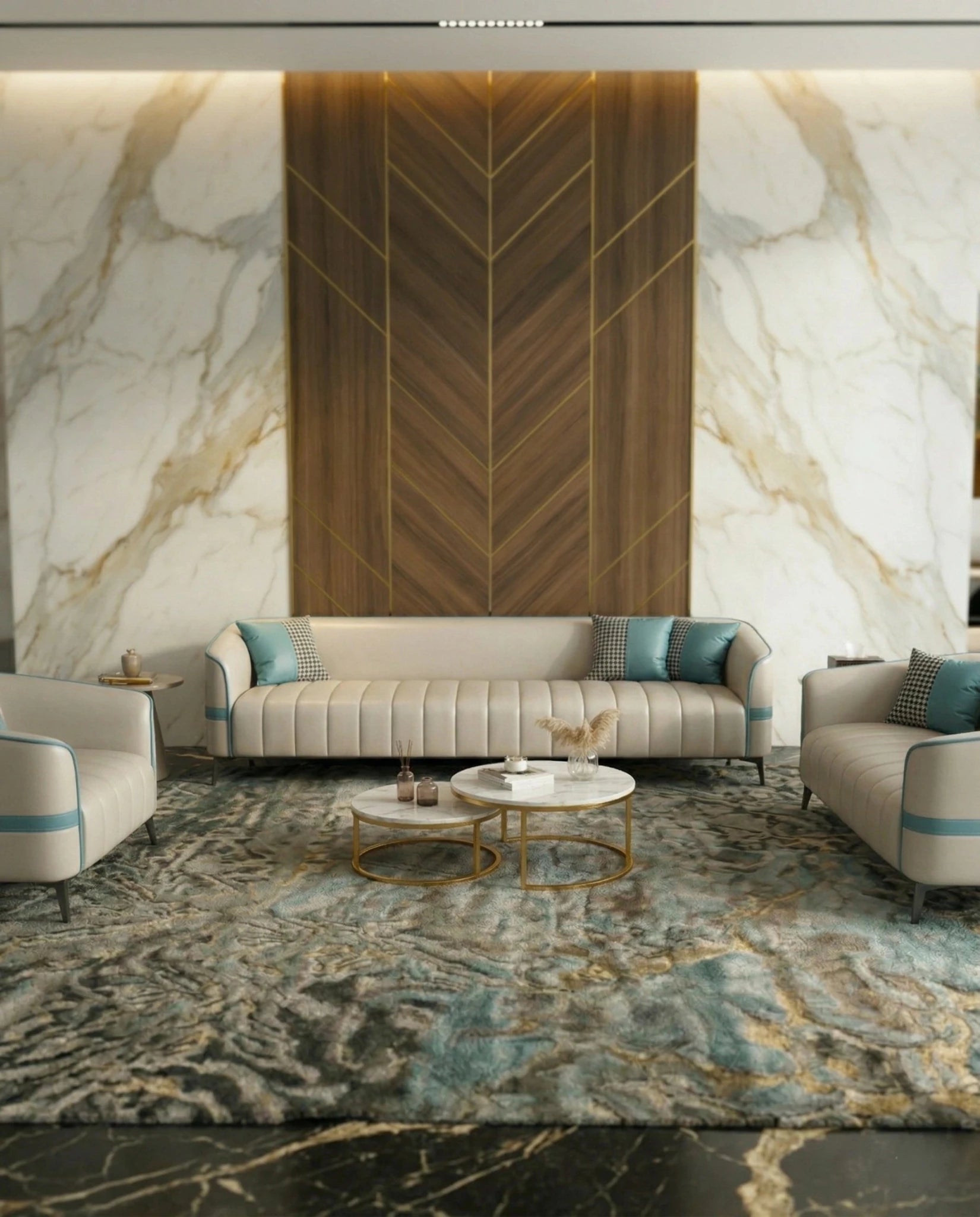 Modern curved living room seating and a premium beige channel tufted sofa crafted by Arris Concepts Luxury Pvt. Ltd.