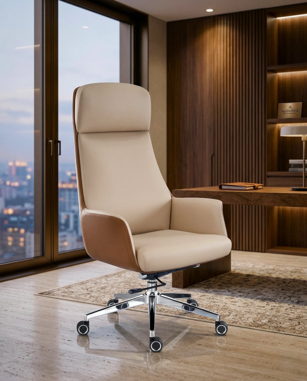 Modern ergonomic desk chair and a premium beige leather executive chair by Arris Concepts Luxury Pvt. Ltd.