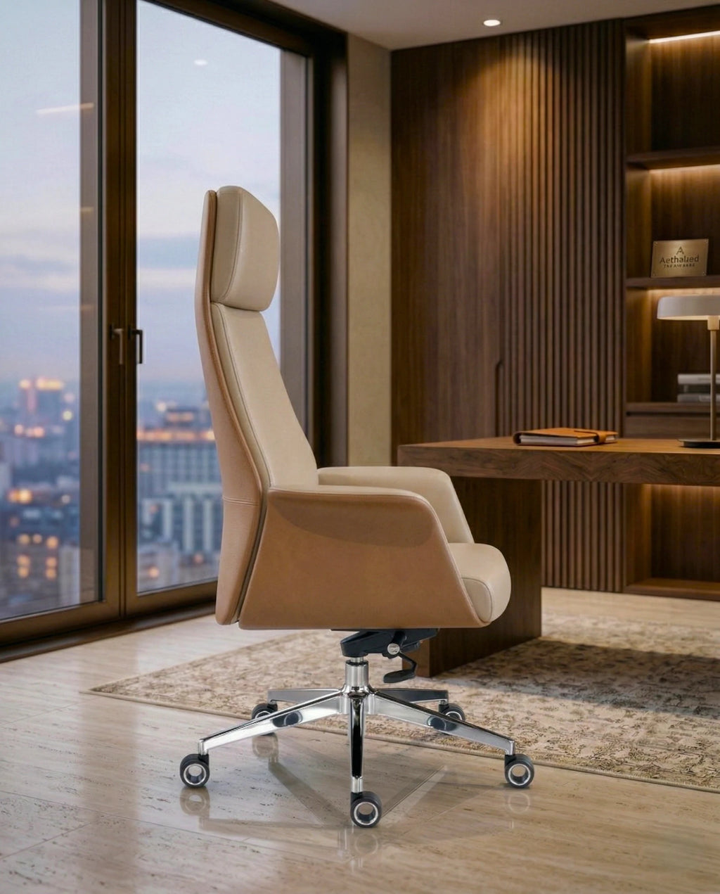 Modern ergonomic desk chair and a premium beige leather executive chair by Arris Concepts Luxury Pvt. Ltd.