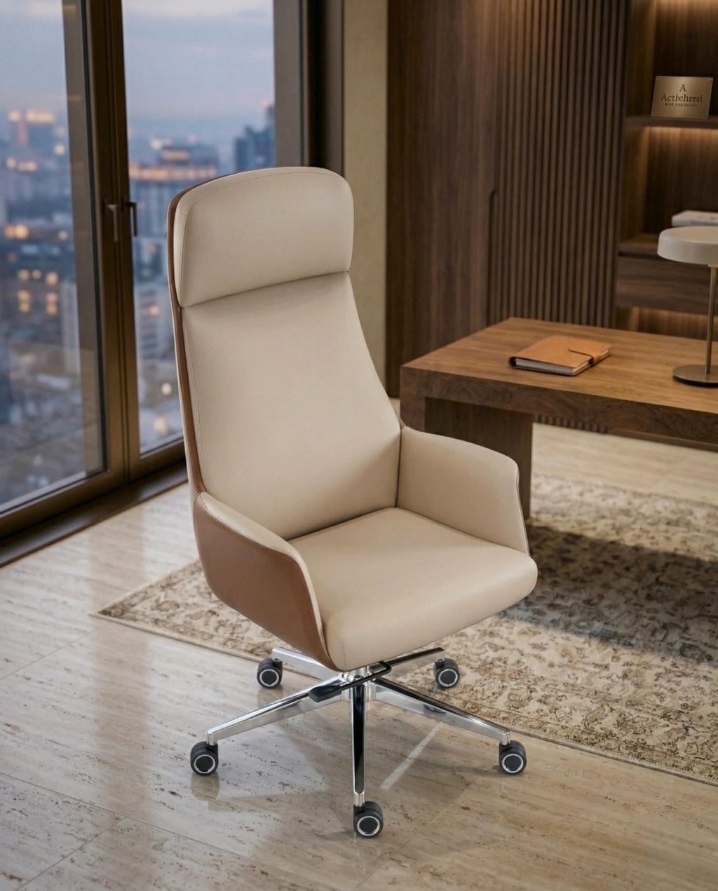 Modern ergonomic desk chair and a premium beige leather executive chair by Arris Concepts Luxury Pvt. Ltd.