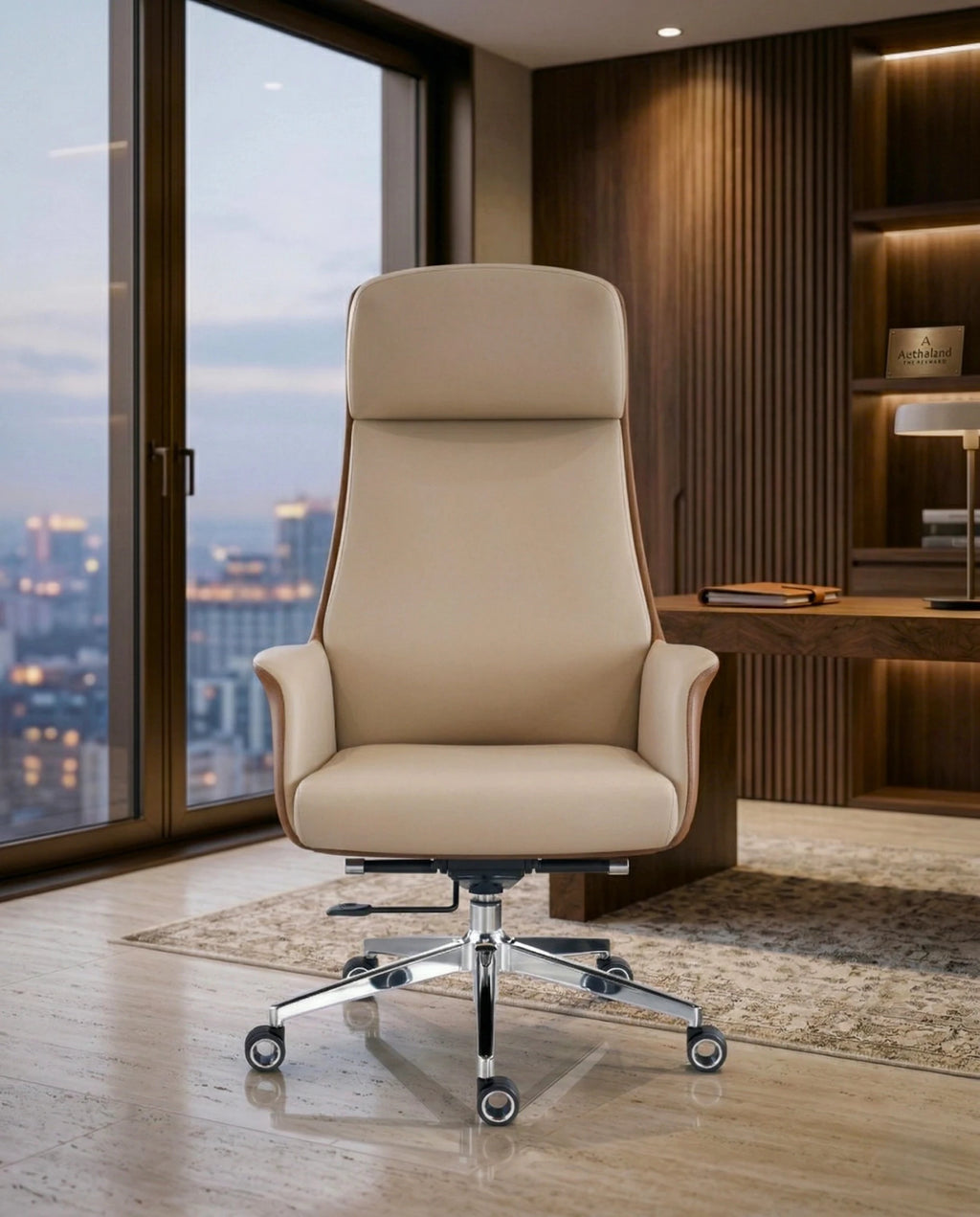 Modern ergonomic desk chair and a premium beige leather executive chair by Arris Concepts Luxury Pvt. Ltd.