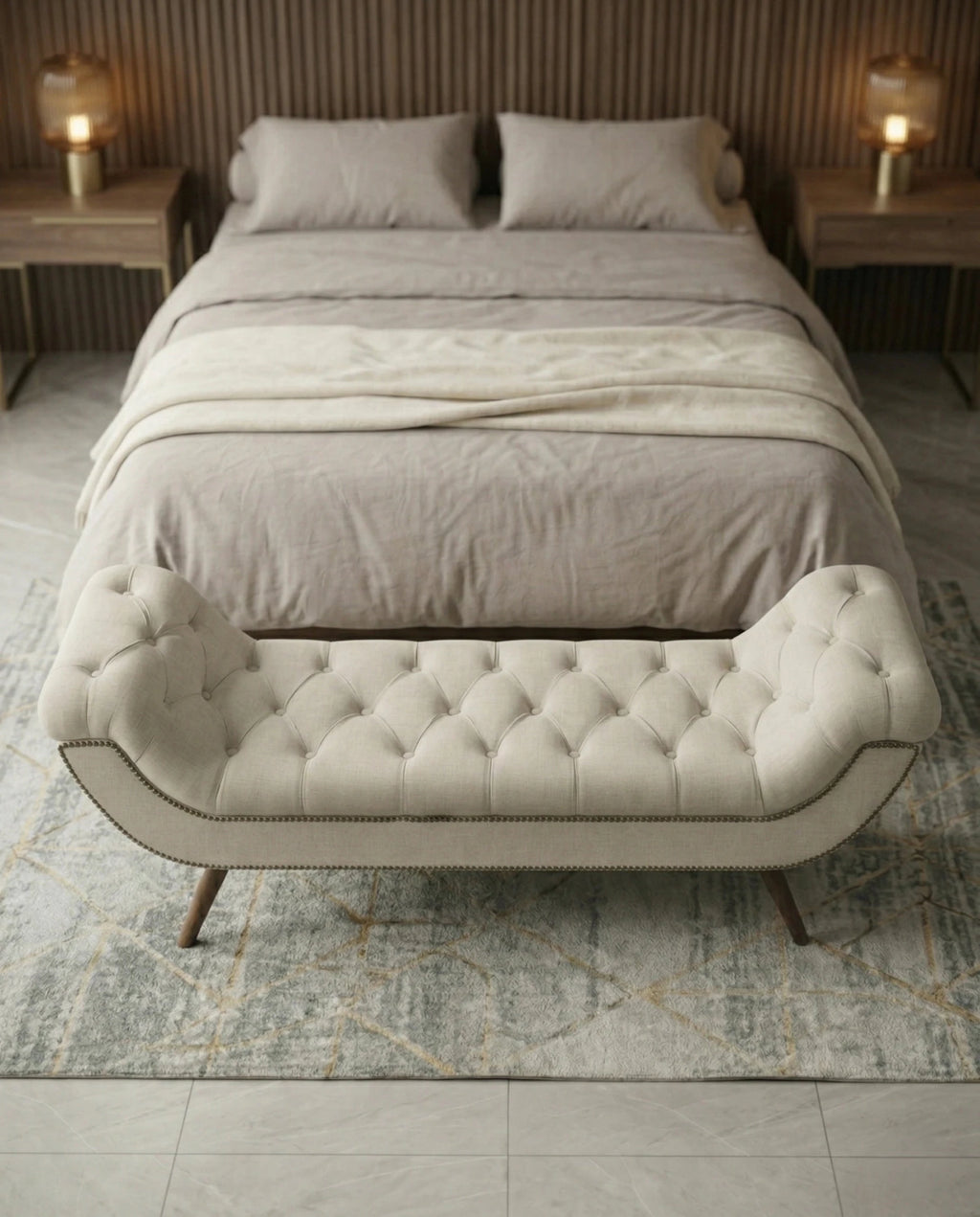 High-end foot of bed bench and premium beige tufted bed end bench crafted by Arris Concepts Luxury Pvt. Ltd.