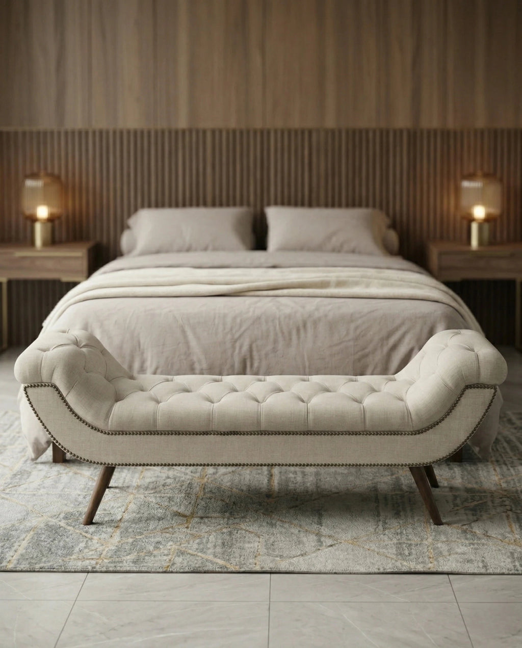 High-end foot of bed bench and premium beige tufted bed end bench crafted by Arris Concepts Luxury Pvt. Ltd.