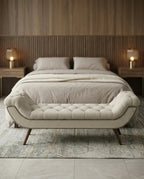 High-end foot of bed bench and premium beige tufted bed end bench crafted by Arris Concepts Luxury Pvt. Ltd.