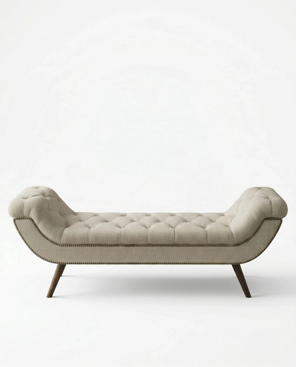High-end foot of bed bench and premium beige tufted bed end bench crafted by Arris Concepts Luxury Pvt. Ltd.