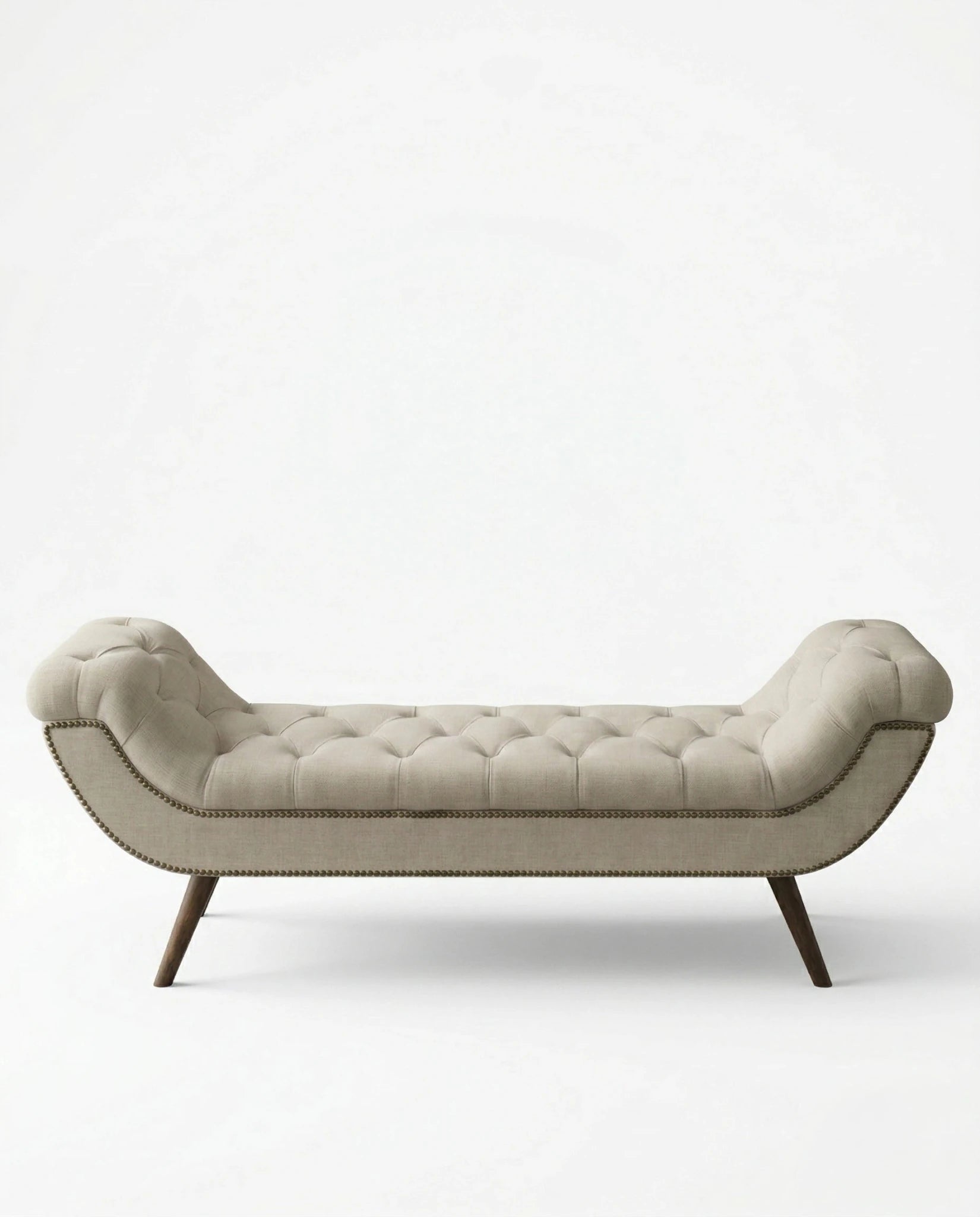 High-end foot of bed bench and premium beige tufted bed end bench crafted by Arris Concepts Luxury Pvt. Ltd.