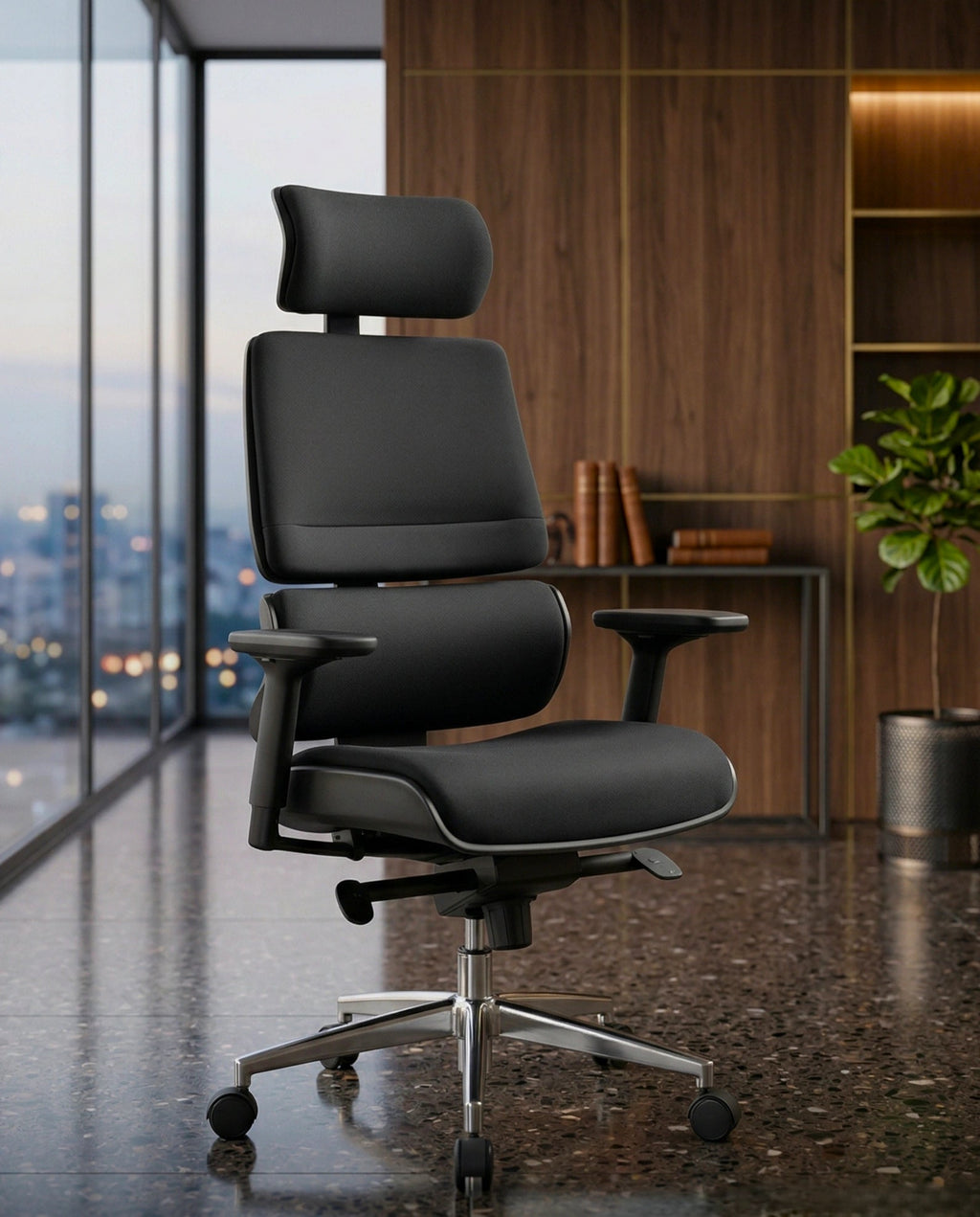 Modern desk chair with headrest and premium black ergonomic office chair by Arris Concepts Luxury Pvt. Ltd.