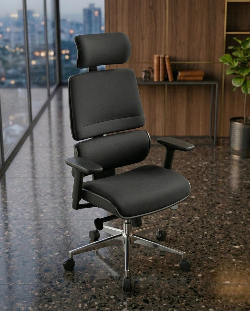 Modern desk chair with headrest and premium black ergonomic office chair by Arris Concepts Luxury Pvt. Ltd.