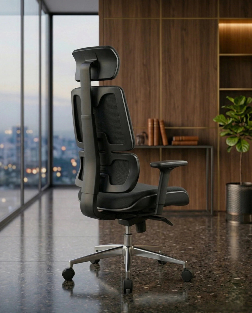 Modern desk chair with headrest and premium black ergonomic office chair by Arris Concepts Luxury Pvt. Ltd.