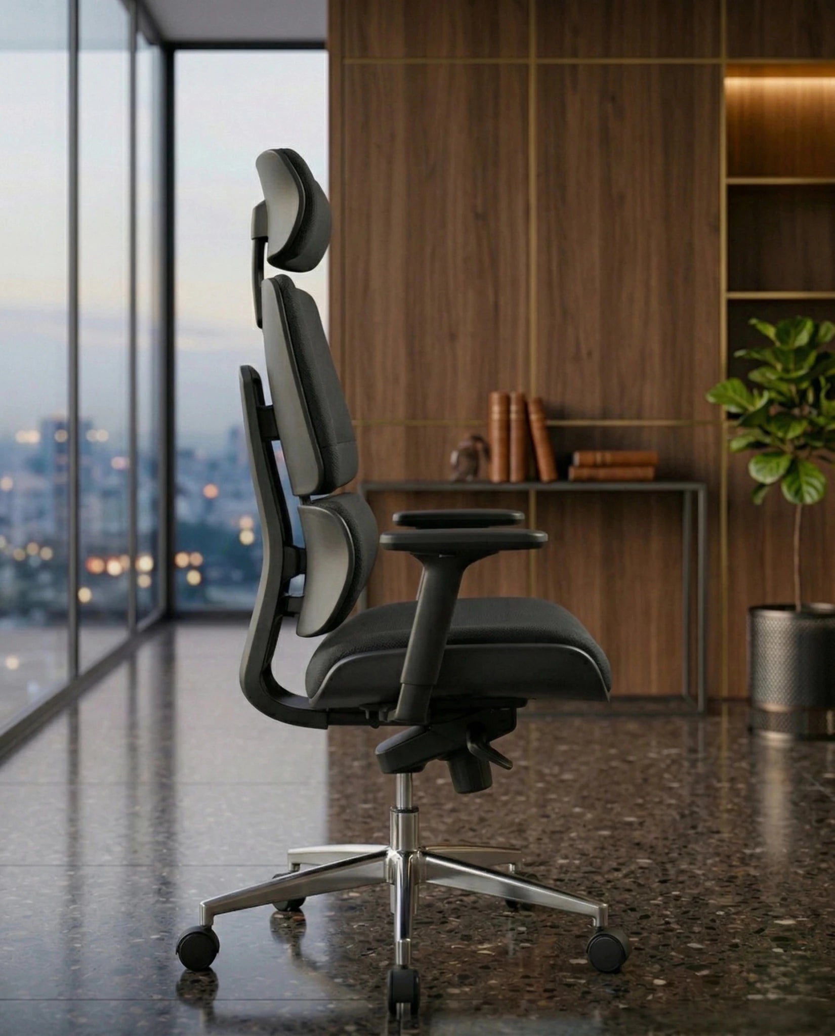 Modern desk chair with headrest and premium black ergonomic office chair by Arris Concepts Luxury Pvt. Ltd.
