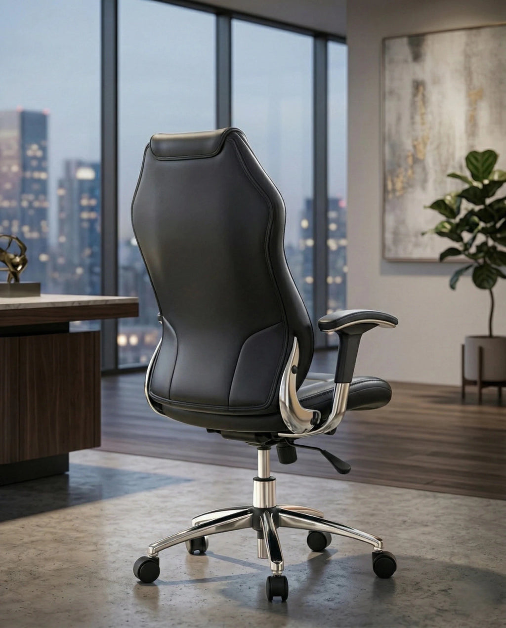 A premium black leather executive chair and designer high-back desk chair by Arris Concepts Luxury Pvt. Ltd.